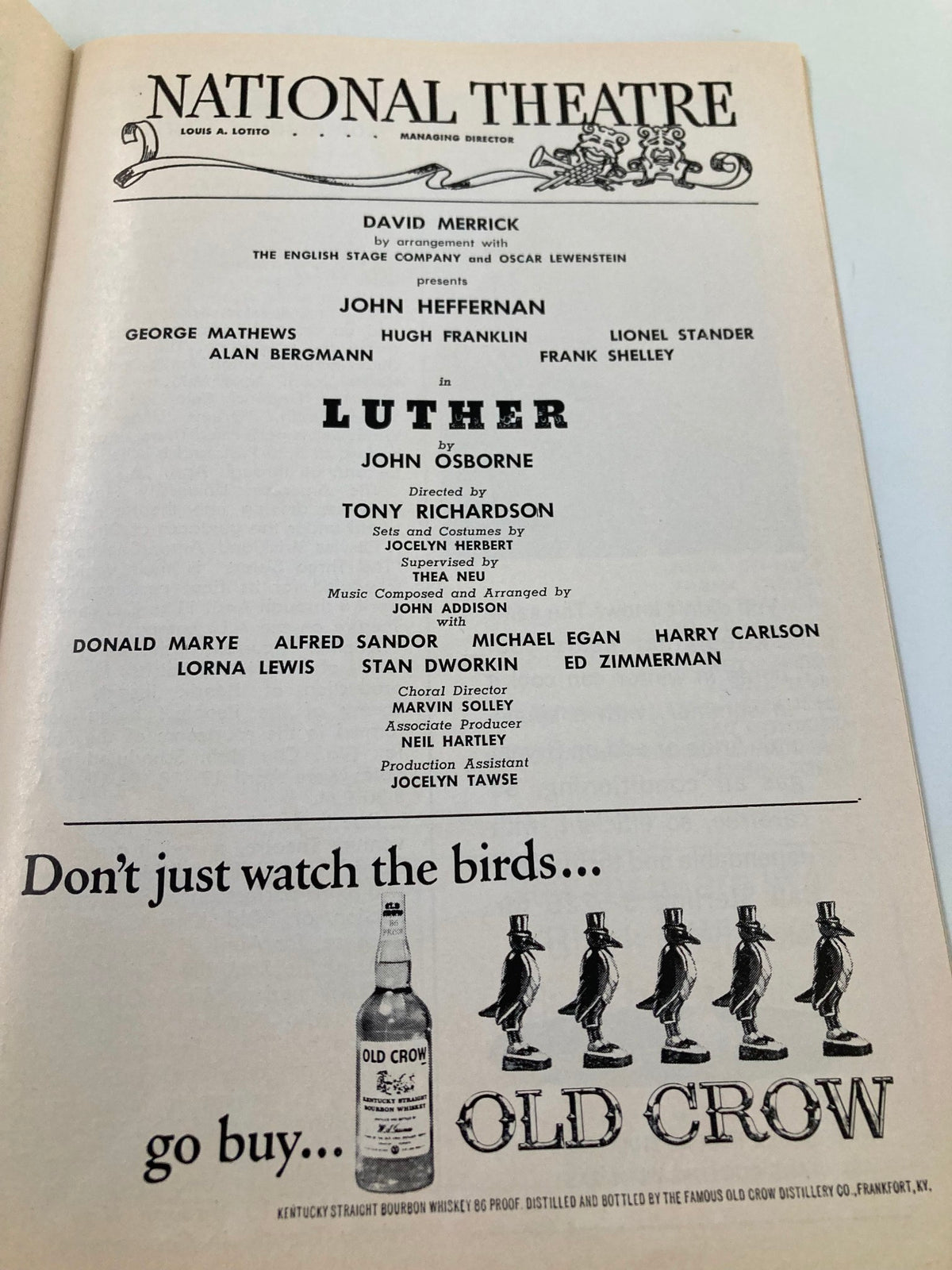 1964 Playbill National Theatre, another inside page featuring cast and crew details for the play Luther, directed by Tony Richardson.