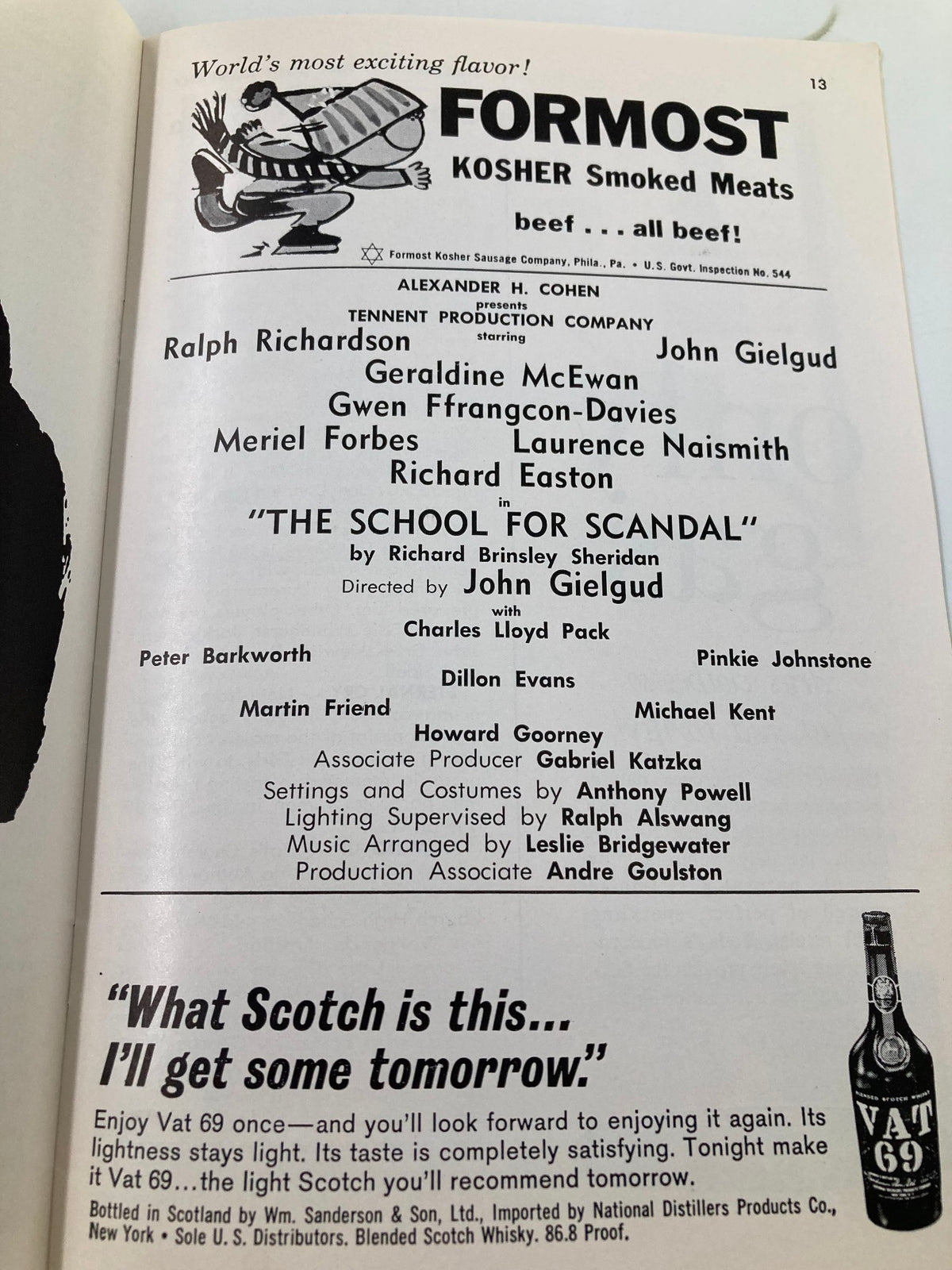 A page from the 1963 Playbill for The School for Scandal, highlighting cast members and production details of the classic comedy.