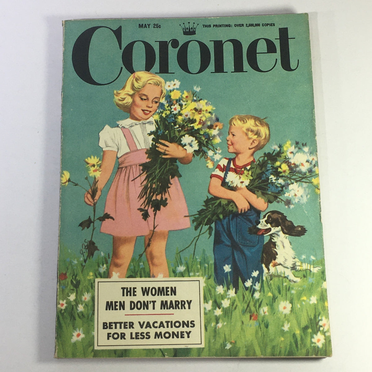 Coronet Magazine May 1951 cover featuring children holding flowers and a dog. Articles include 'The Women Don't Marry' and 'Better Vacations for Less Money.' A vibrant depiction of 1950s culture.