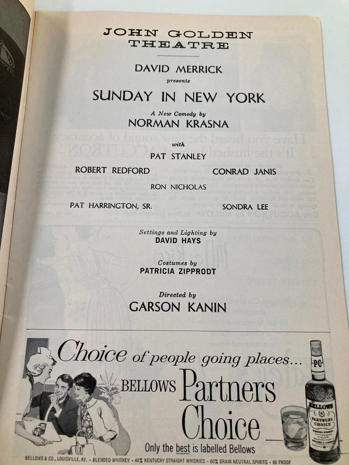 An interior page from the 1962 Playbill highlighting the 'Sunday in New York' production at the John Golden Theatre, featuring Pat Stanley and key production details.