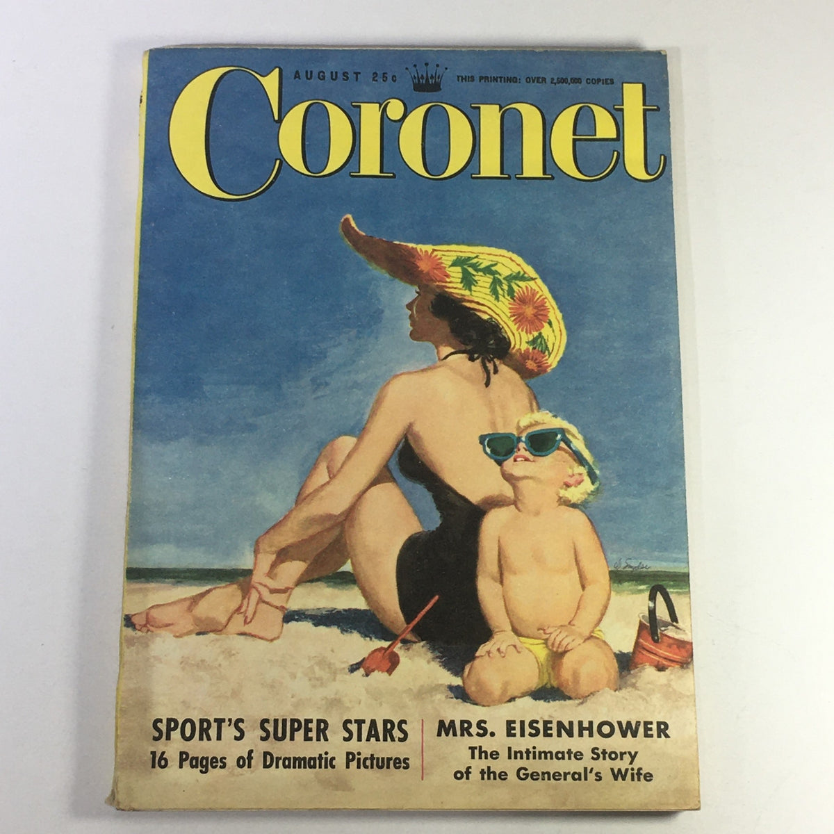 Cover of VTG Coronet Magazine August 1951 featuring the intimate story of Mrs. Mamie Eisenhower, illustrated with a woman in a sun hat sitting on the beach with a child.