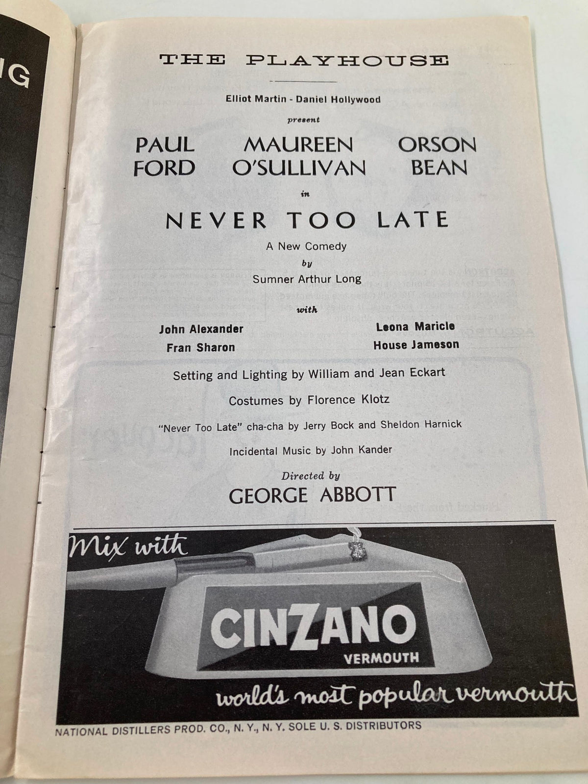 1963 Playbill for 'Never Too Late' at The Playhouse, featuring notable cast members Paul Ford, Maureen O'Sullivan, and Orson Bean, alongside production details.