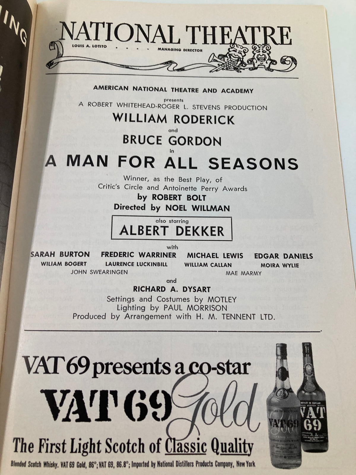 1964 Playbill from the National Theatre featuring William Roderick and Bruce Gordon in A Man For All Seasons, directed by Noel Willman, showcasing cast details and production credits.