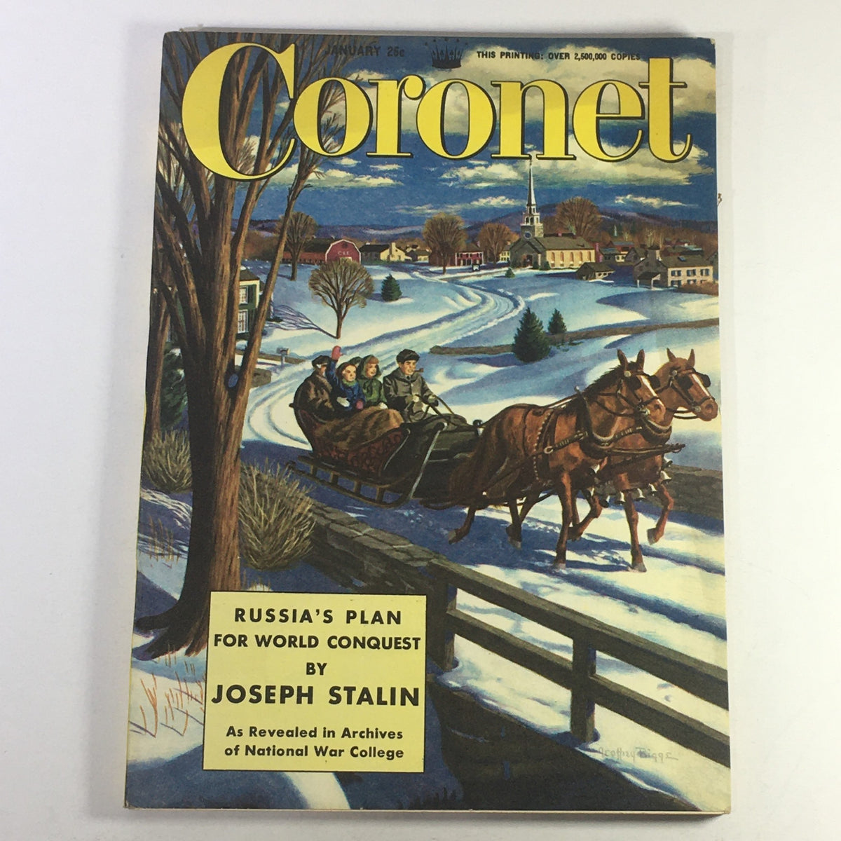 Vintage Coronet Magazine cover from January 1951 featuring the title 'Russia's Plan for World Conquest: Joseph Stalin.' The illustration depicts a winter scene with a horse-drawn sleigh and people, emphasizing the historical context of the Cold War period and its geopolitical significance.