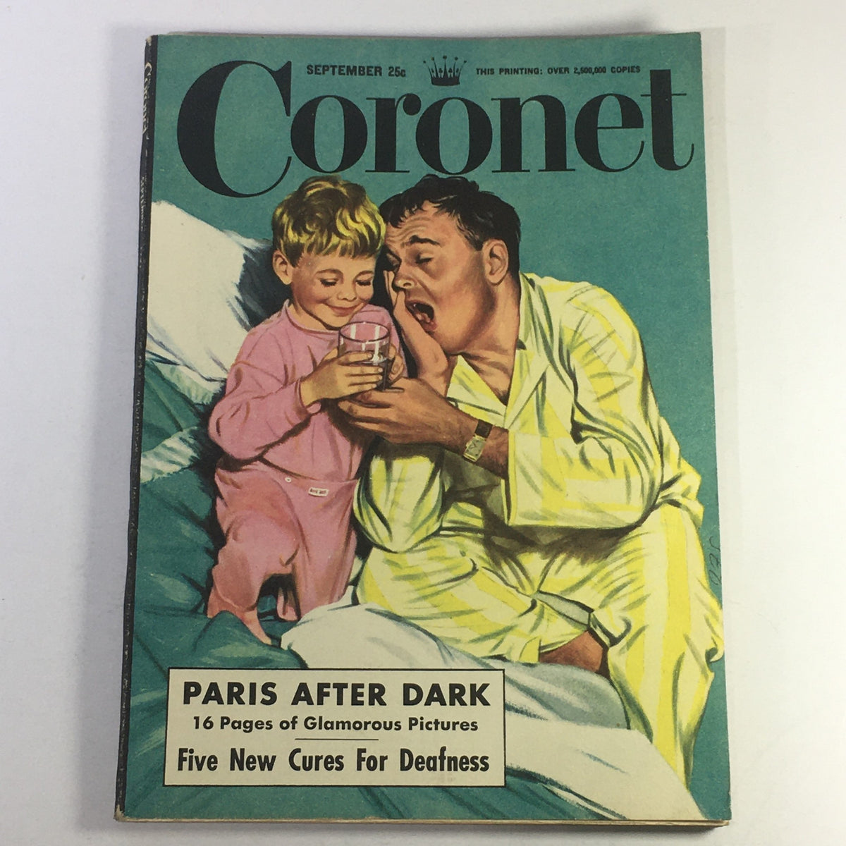 Vintage Coronet Magazine cover from September 1951 featuring a cheerful child and a surprised adult, with headlines about 'Paris After Dark' and 'Five New Cures For Deafness'.