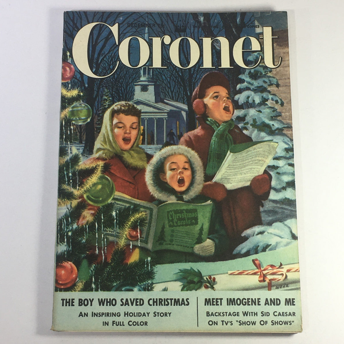 Cover of Coronet Magazine December 1951 featuring a holiday scene with children singing carols, capturing the festive spirit alongside the title 'Backstage with Sid Caesar / Imogene and Me'.