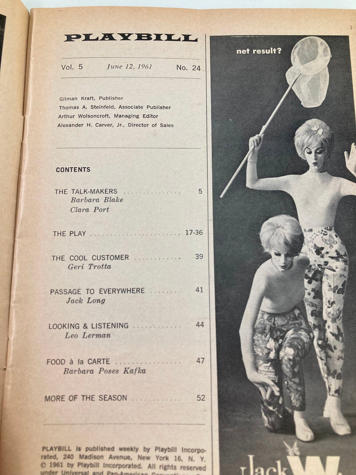 1961 Playbill for Pal Joey, contents page listing performances including Barbara Blake, Clara Port, and Geri Trotto, published by Playbill Incorporated.