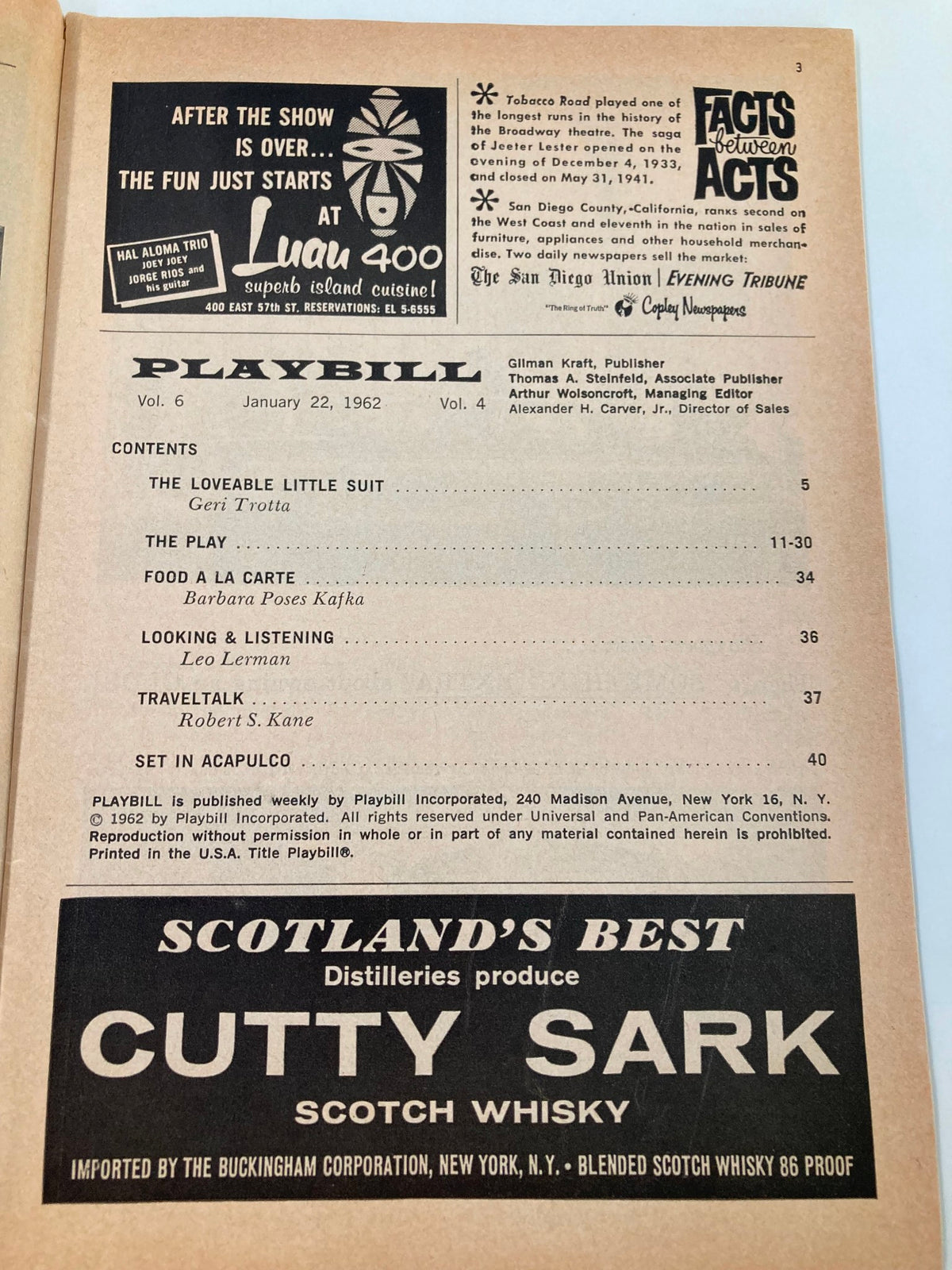 Interior page of the 1962 Playbill The Booth Theatre, listing contents and featuring details from January 22, 1962, including references to Geri Trout and Robert K. Sweeney.