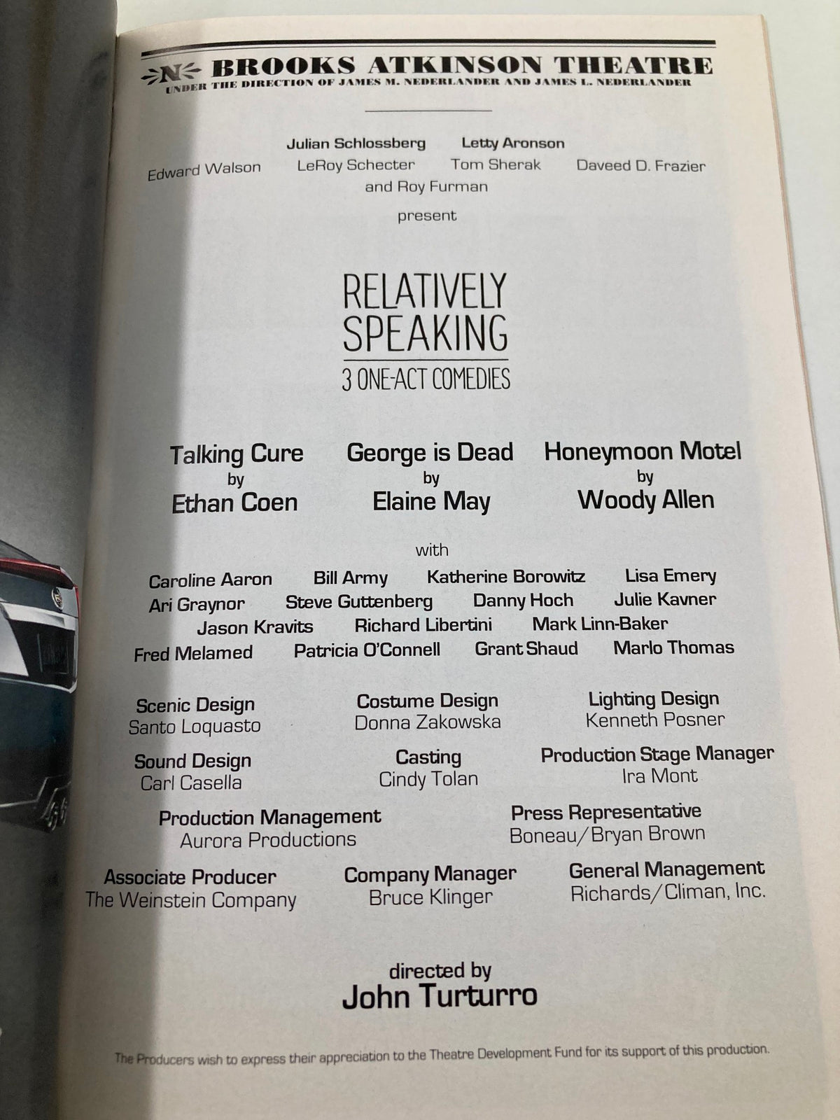 Back cover of 2011 Playbill for Relatively Speaking at Brooks Atkinson Theatre, listing production credits, cast, and crew in a detailed format.