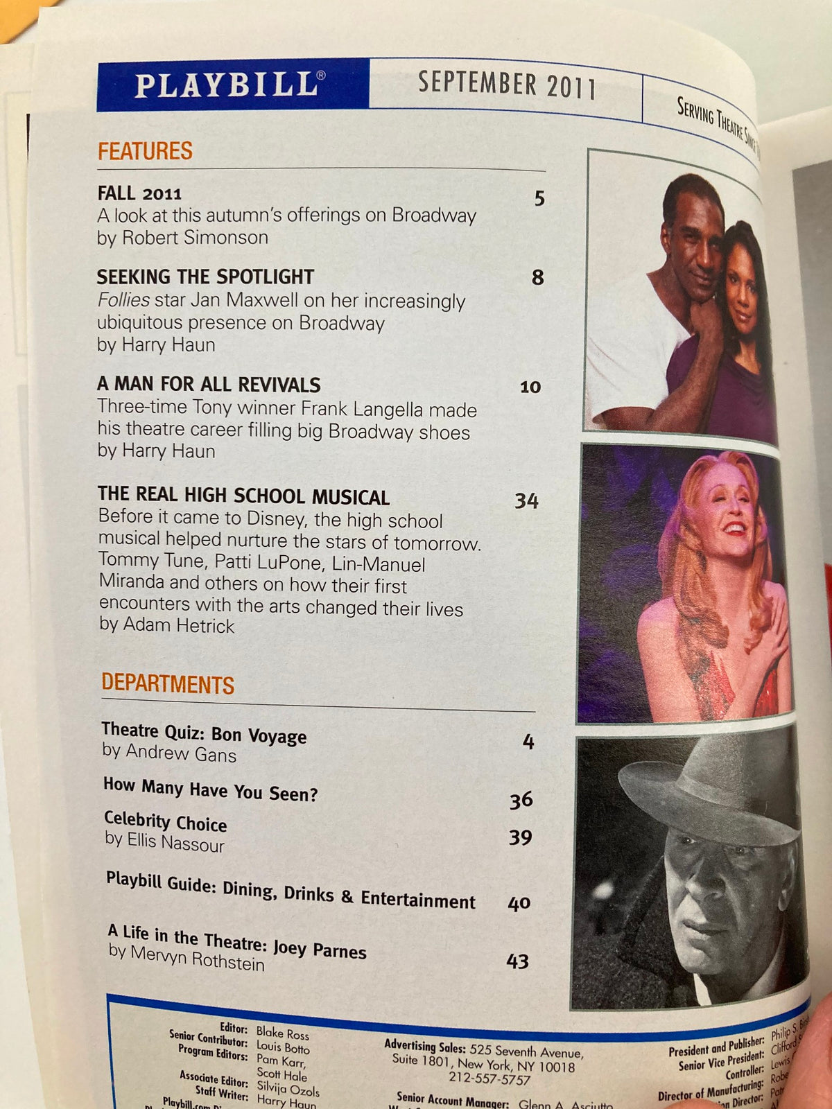 Inside page of the 2011 Playbill from Ambassador Theater, detailing features and articles relevant to Broadway performances, with the date September 2011 prominently displayed.