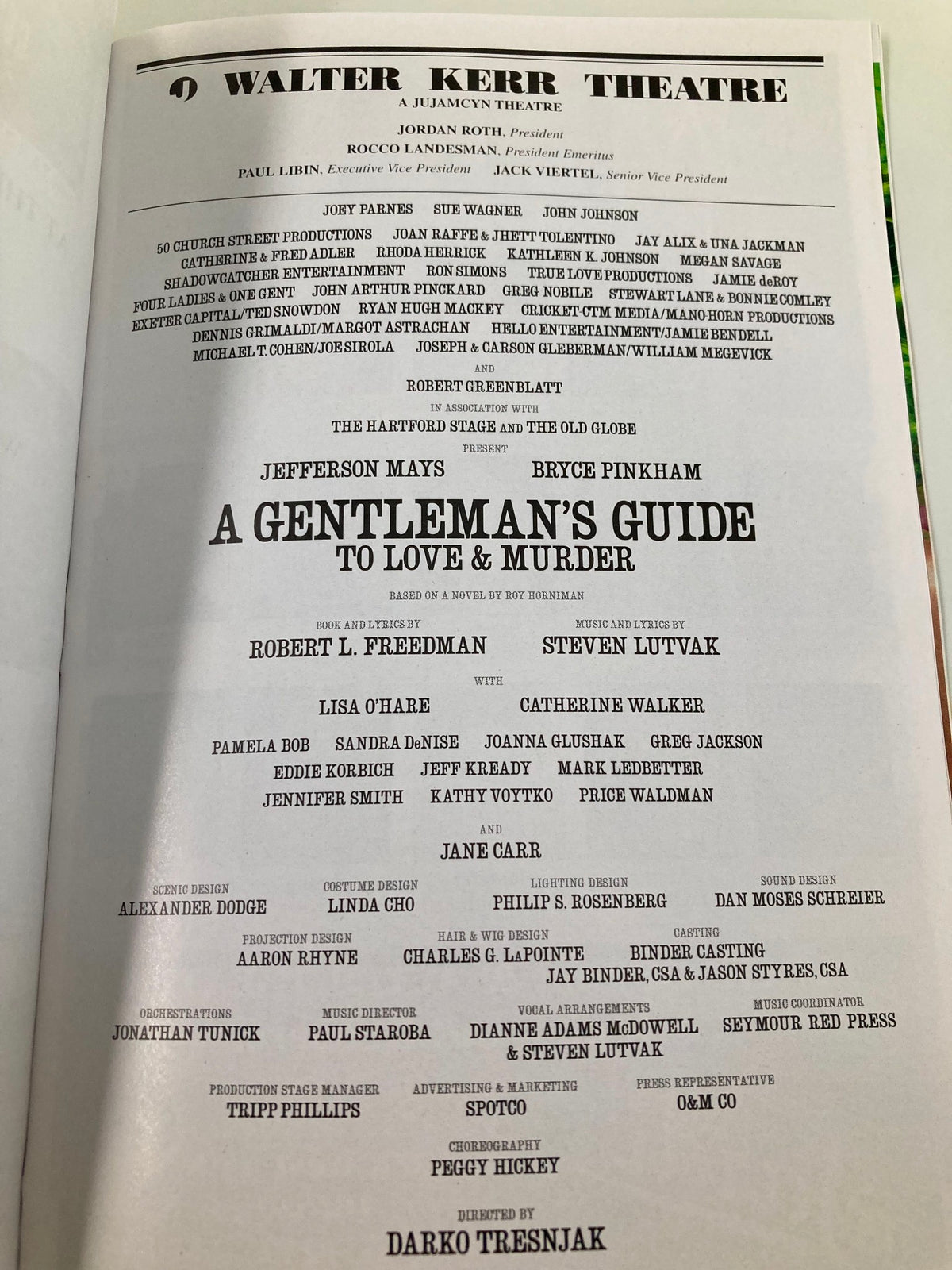 Cast and creative team credits page for A Gentleman's Guide To Love & Murder in the 2014 Playbill from the Walter Kerr Theatre.