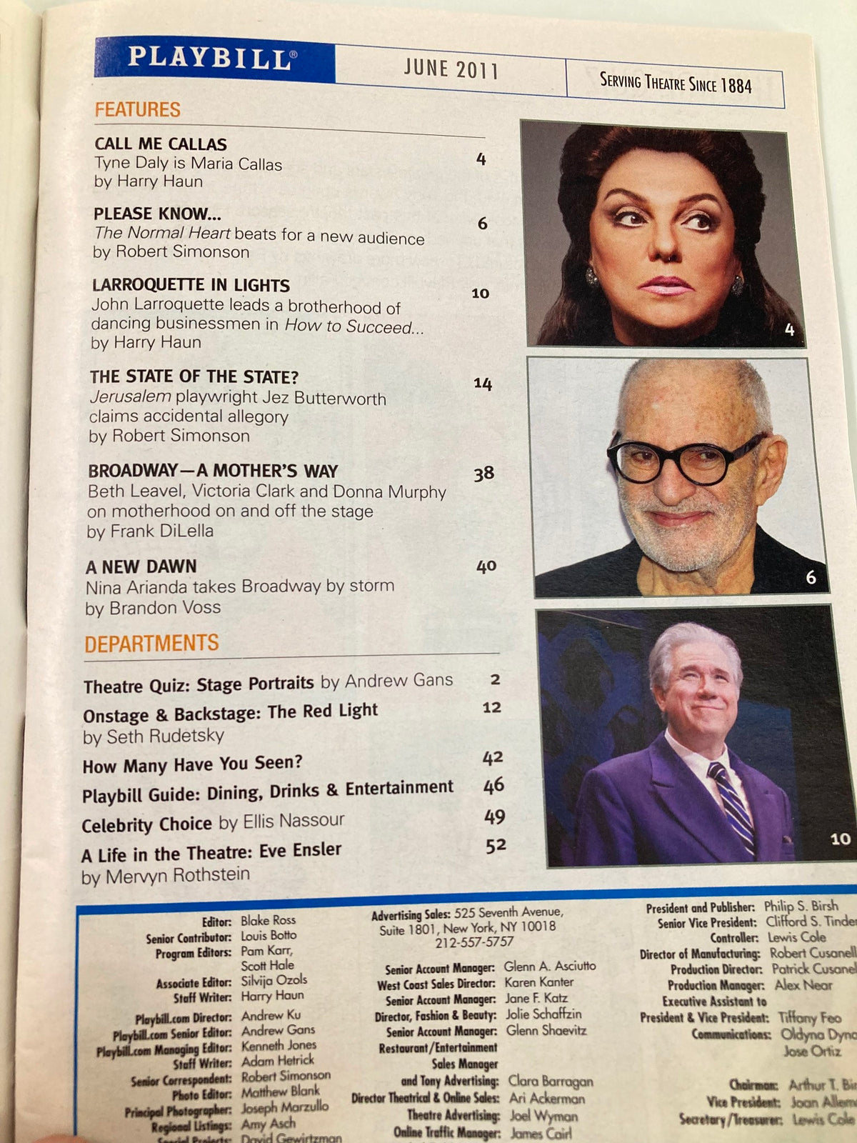 Interior page of the 2011 Playbill for 'Spider-Man: Turn Off the Dark', including the table of contents highlighting notable articles and features.