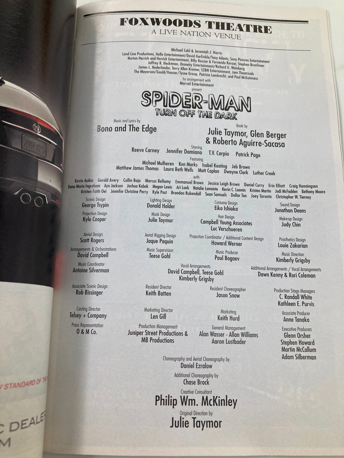 Another interior page of the 2011 Playbill for 'Spider-Man: Turn Off the Dark' listing the cast and production team for the Foxwoods Theatre show.