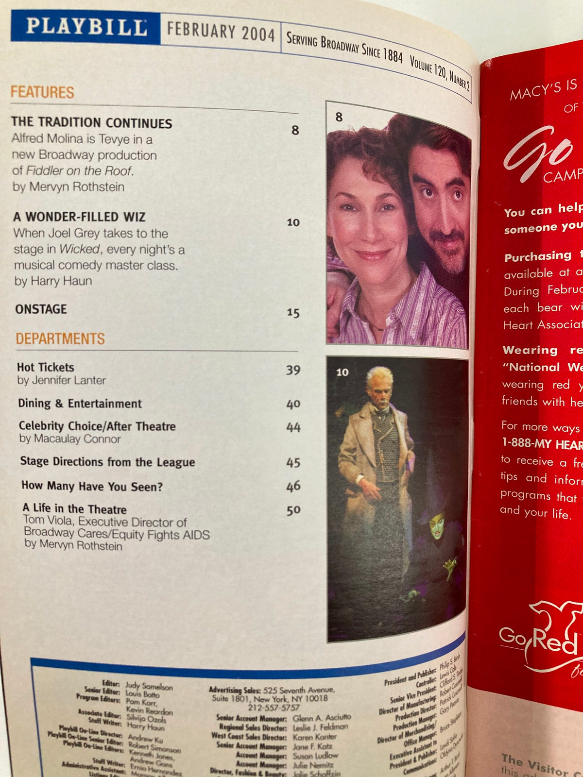 Inside page of the Playbill from February 2004, highlighting various theater articles and advertisements.