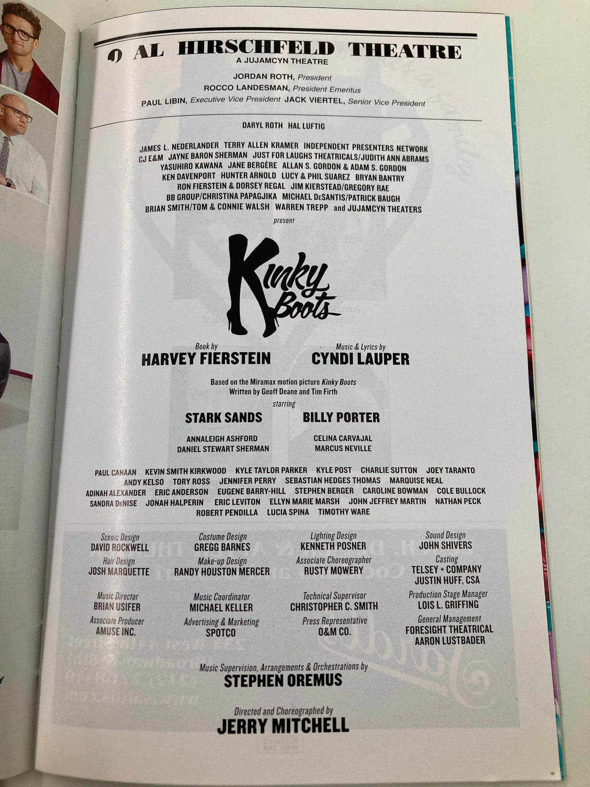 2013 Playbill from the Al Hirschfeld Theatre featuring Kinky Boots, showcasing the cast including Stark Sands and Billy Porter, reflecting the vibrant culture of Broadway theatre.