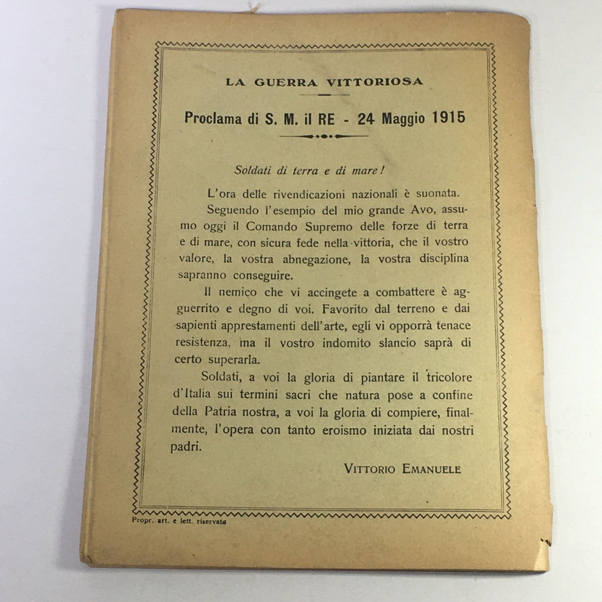 Back cover of the vintage magazine 'VTG 1915 Opera Nazionale Balilla S. M. Vittorio Emanuele III IL Re Vittorioso', featuring a proclamation by S. M. il RE dated May 24, 1915, related to the Italian national spirit during World War I.