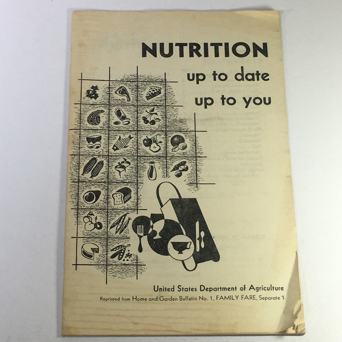Cover of VTG February 1950 USDA Bulletin #1 Family Fare, featuring a graphic layout of nutritional foods and guidelines, titled 'Nutrition Up to Date Up to You'.