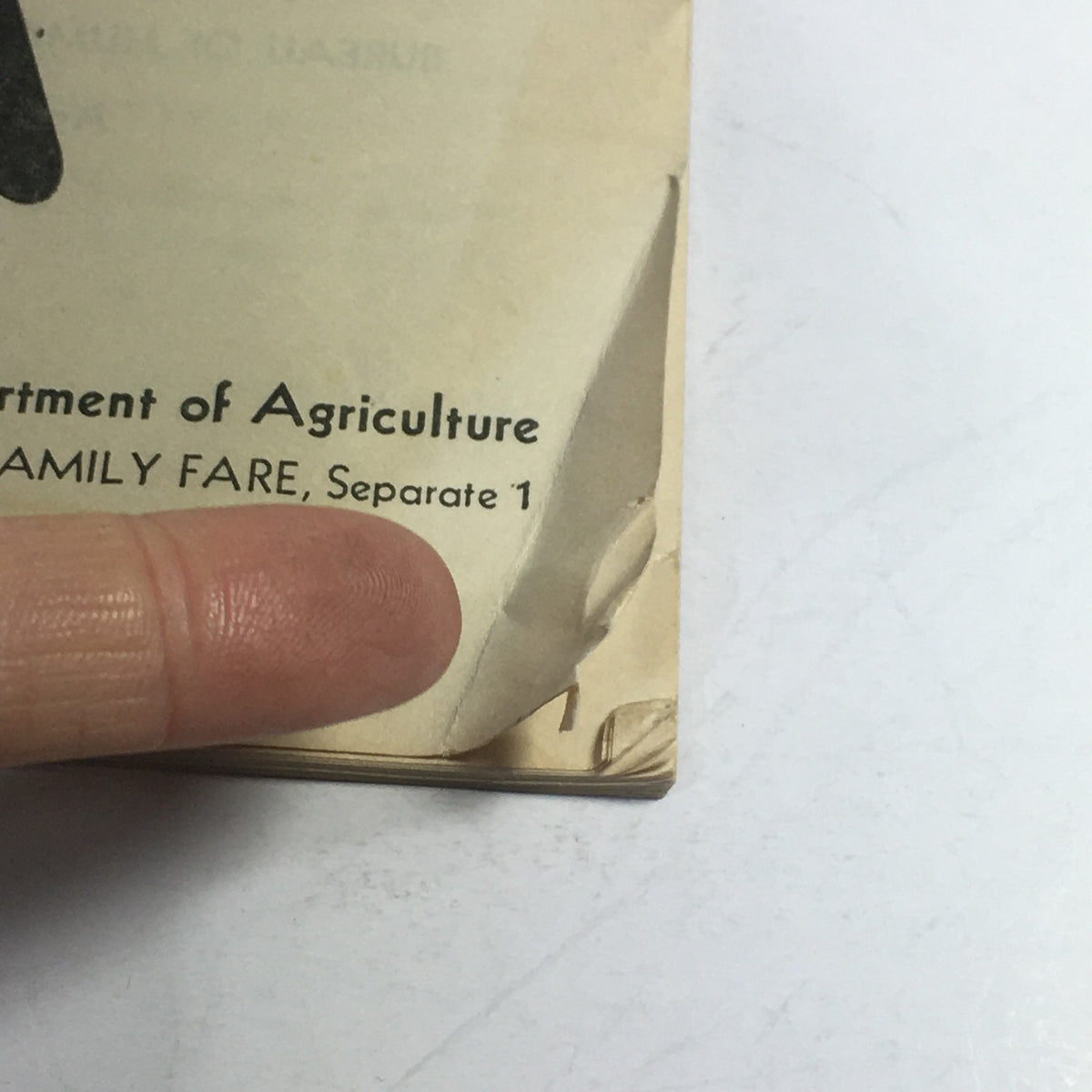 Detailed view of the crease on the cover of VTG February 1950 USDA Bulletin #1 Family Fare, showing minor wear and age.