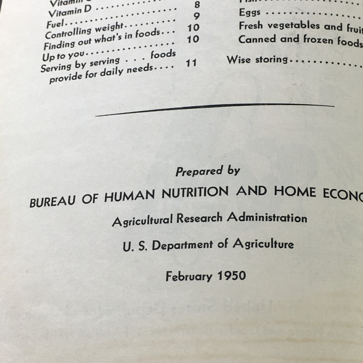 Inside page of VTG February 1950 USDA Bulletin #1 Family Fare, featuring information on nutritional guidelines and meal planning.