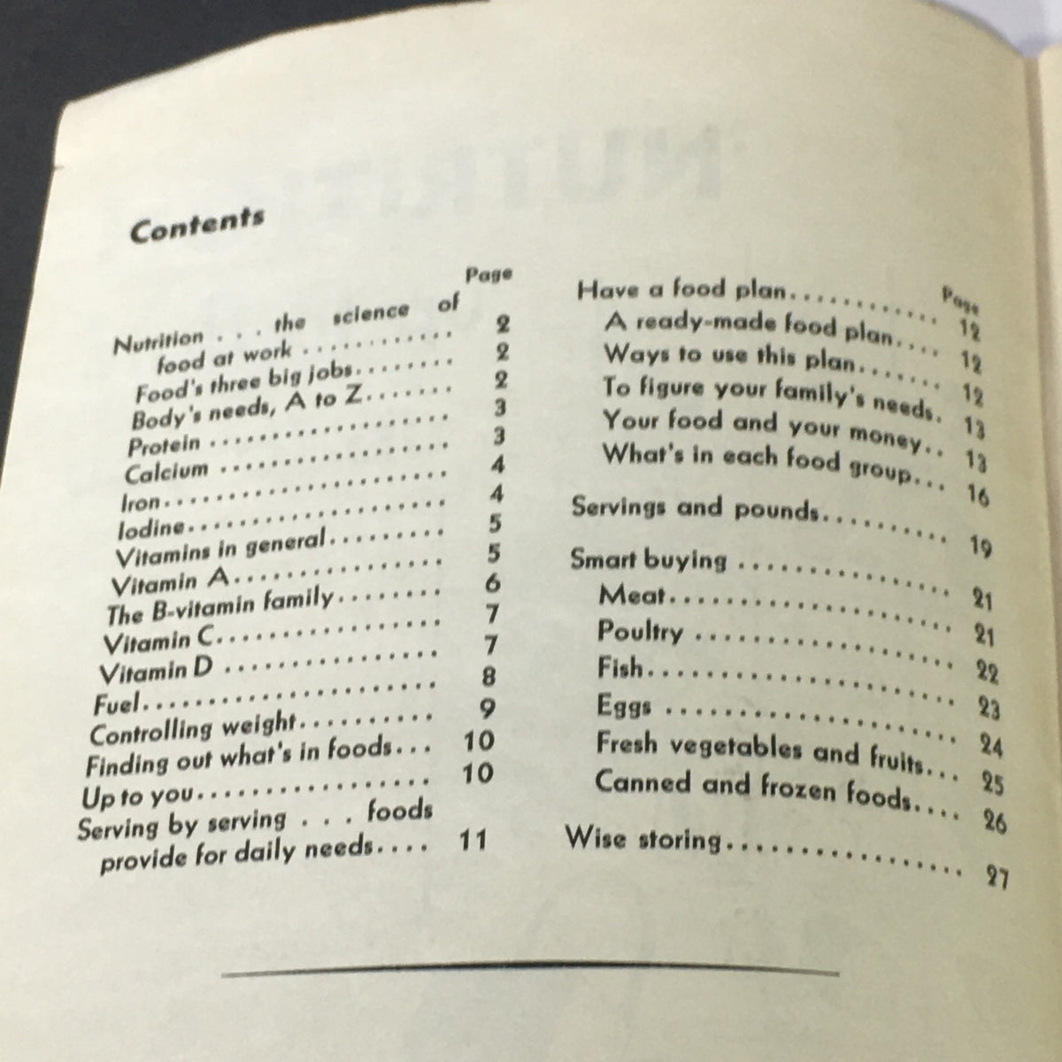 Table of contents from VTG February 1950 USDA Bulletin #1 Family Fare, outlining sections on nutrition and food planning.