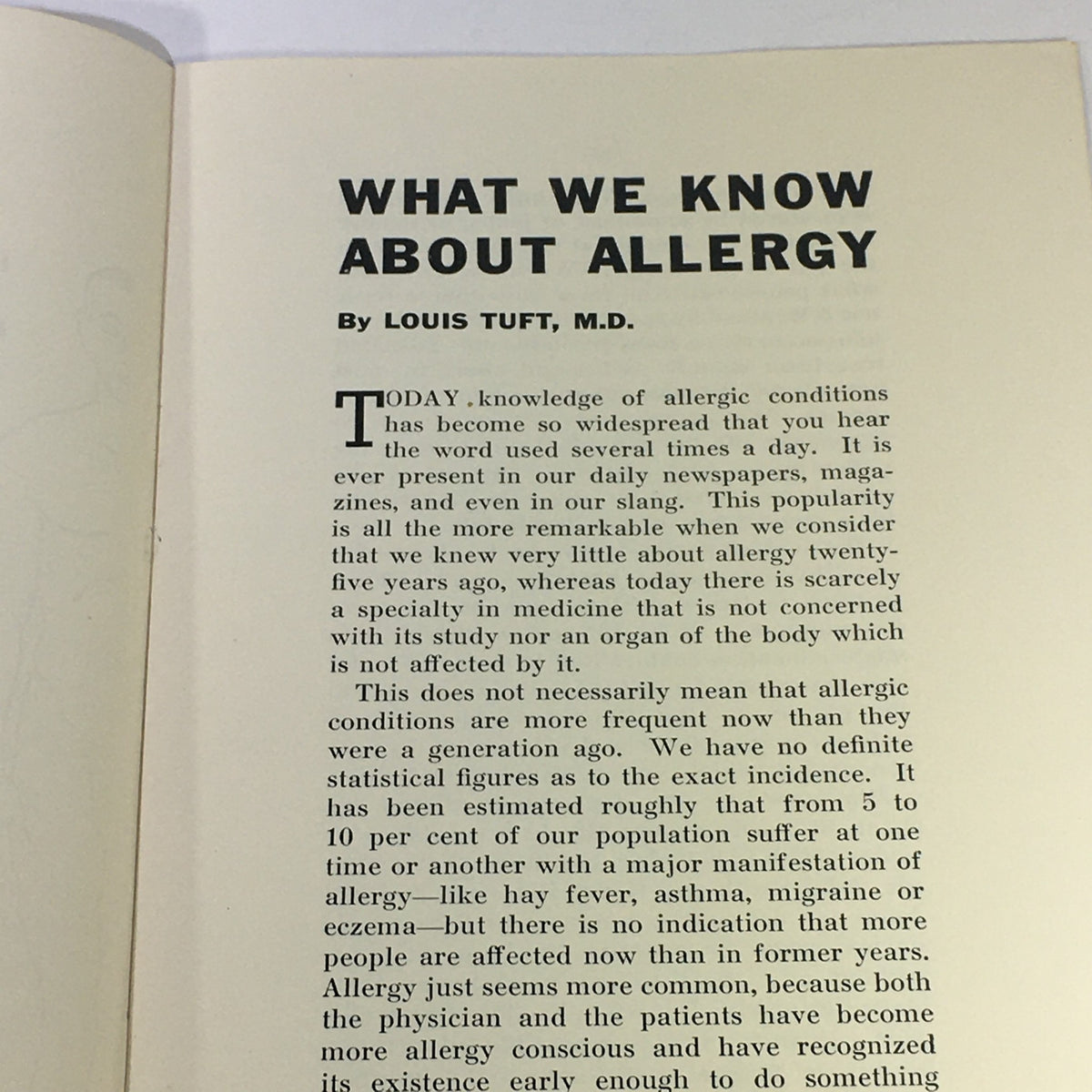 Interior page of the May 1951 issue of The Health Magazine featuring the article 'What We Know About Allergy' by Louis Tuft, M.D., discussing the historical context and understanding of allergies.