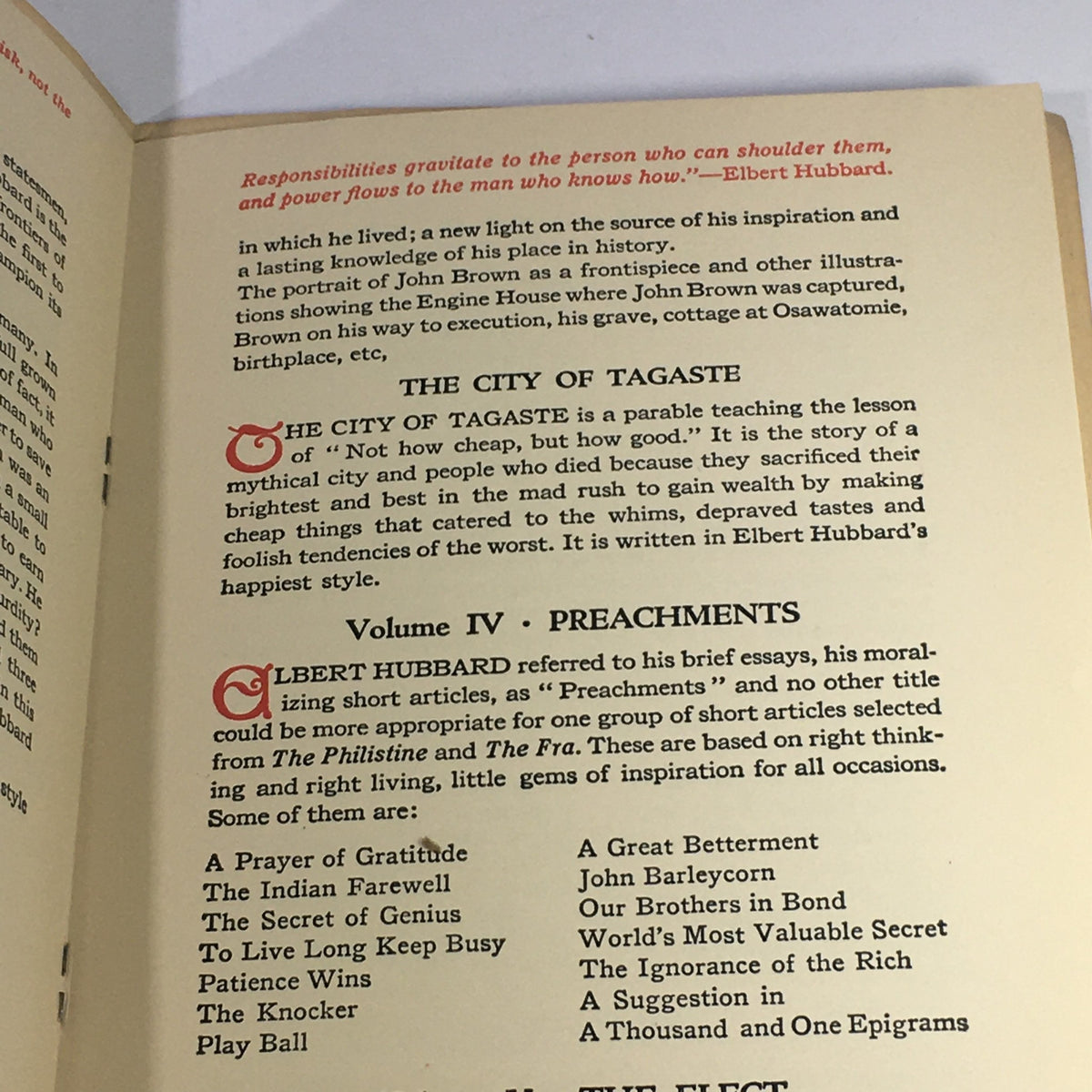 January 1922 Selected Writings of Elbert Hubbard - Volume IV Preachments page showcasing a quote from Elbert Hubbard about responsibilities and insights on life.