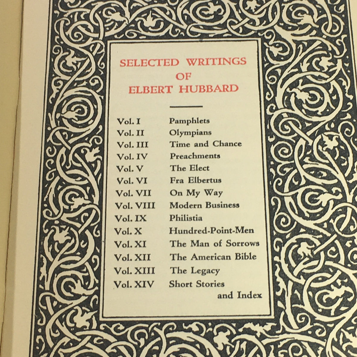 Interior page from 'Selected Writings of Elbert Hubbard' listing the titles from Volumes I to XIV, highlighting the notable works included in this vintage collection.