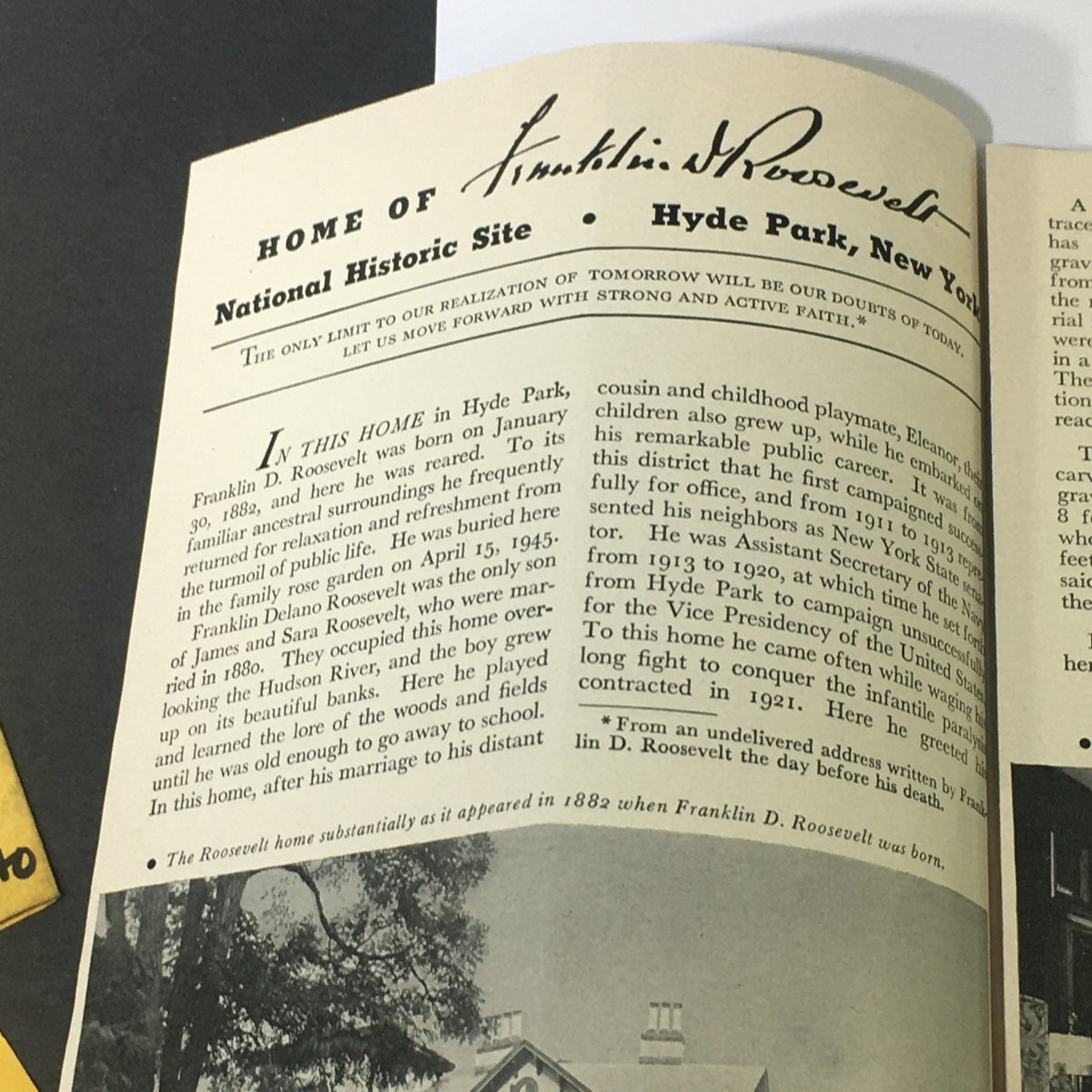 Inside view of the 1951 Home of Franklin D. Roosevelt National Historic Site Brochure, detailing historical information about Franklin D. Roosevelt's childhood and legacy.