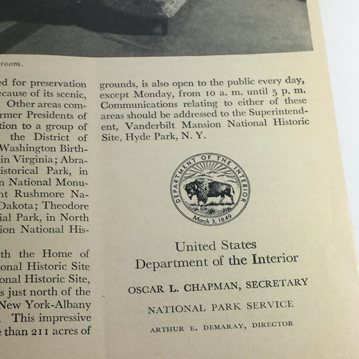 Back section of the 1951 Home of Franklin D. Roosevelt National Historic Site Brochure, featuring details on the preservation and access to the historic site.