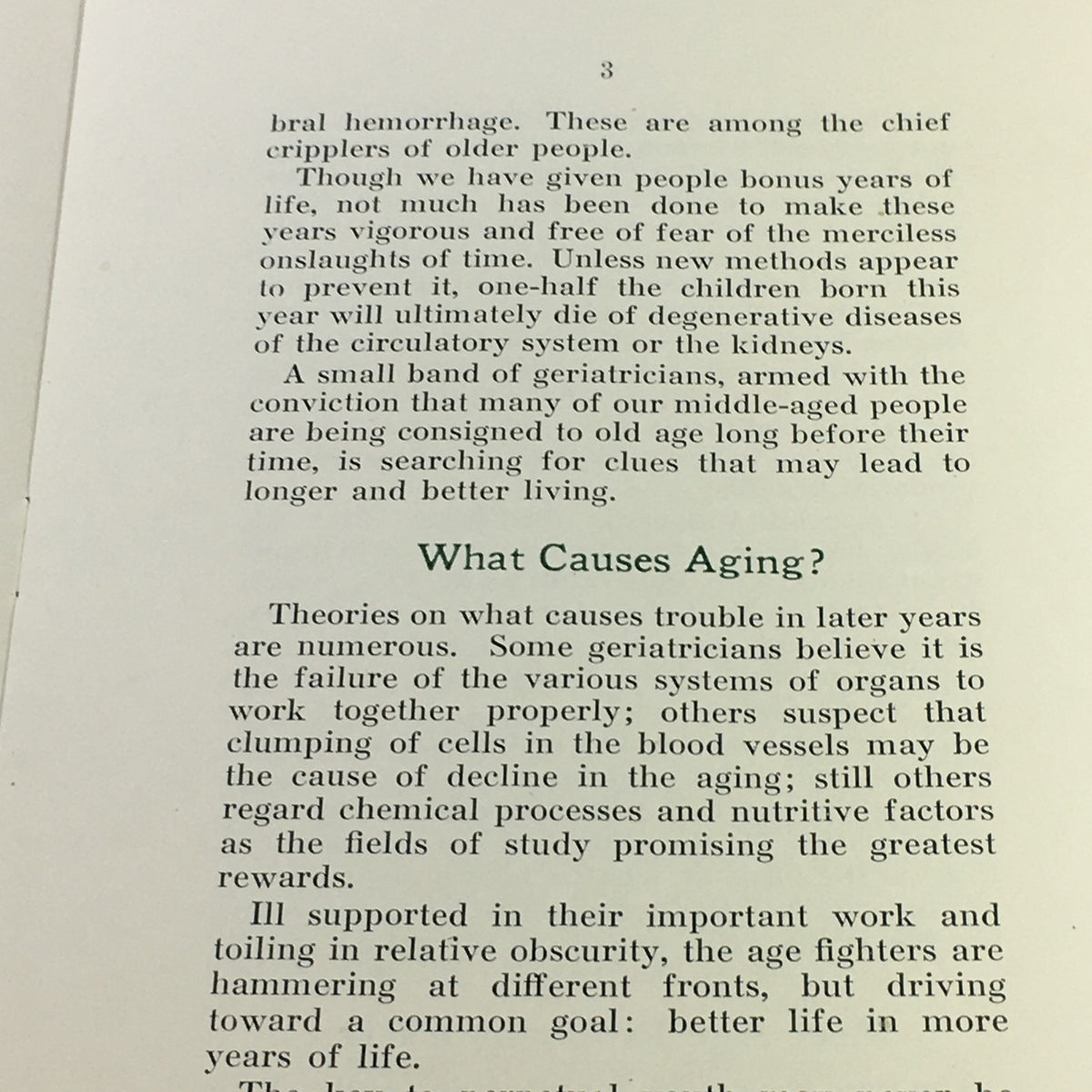 Inside page of 'The Promise of Geriatrics' by Thomas C. Desmond, discussing theories on aging and health challenges faced by the elderly.