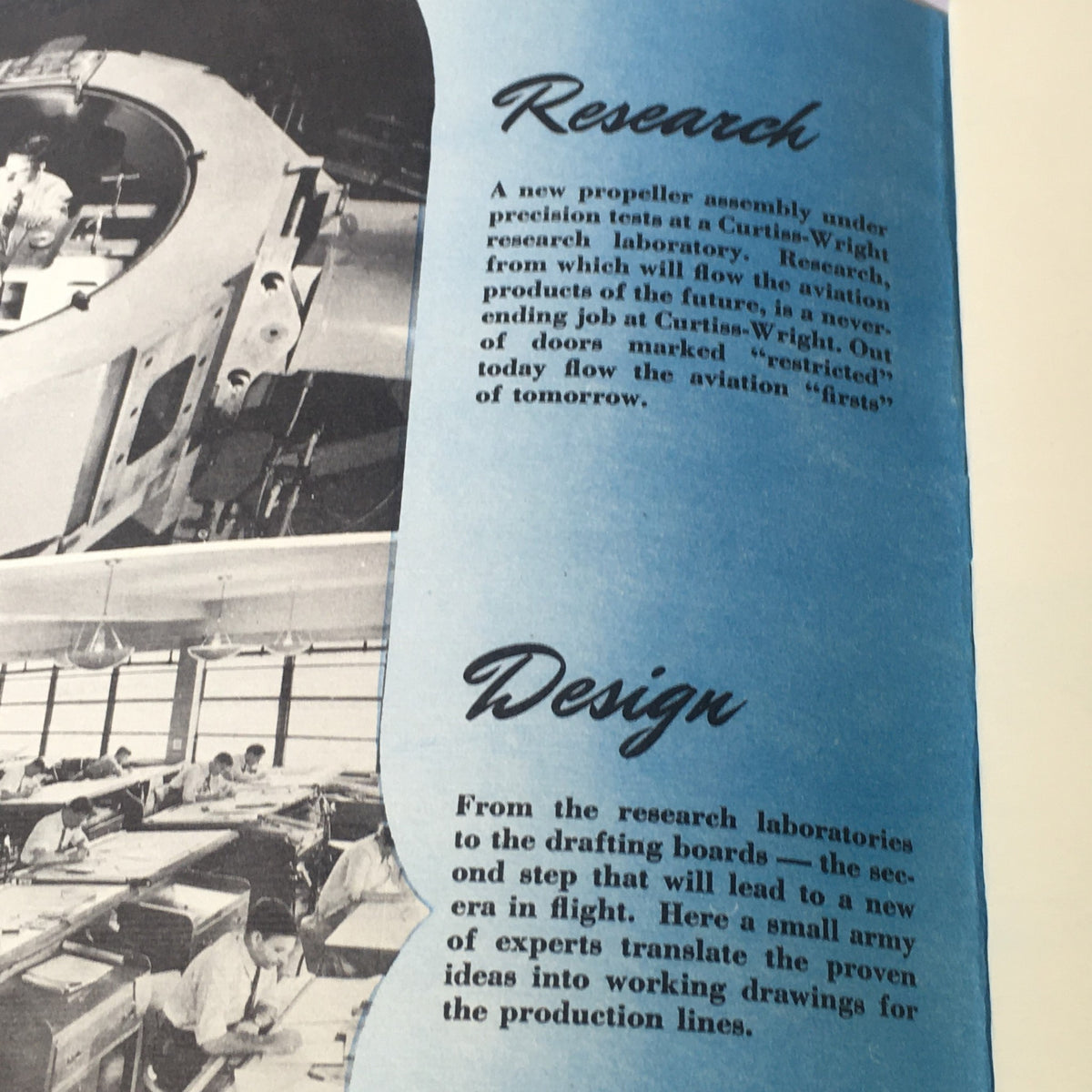1943 Rare First in Flight Curtiss-Wright Today Tomorrow's Research and Design showcasing a new propeller assembly at Curtiss-Wright's laboratory with engineers designing aircraft future.