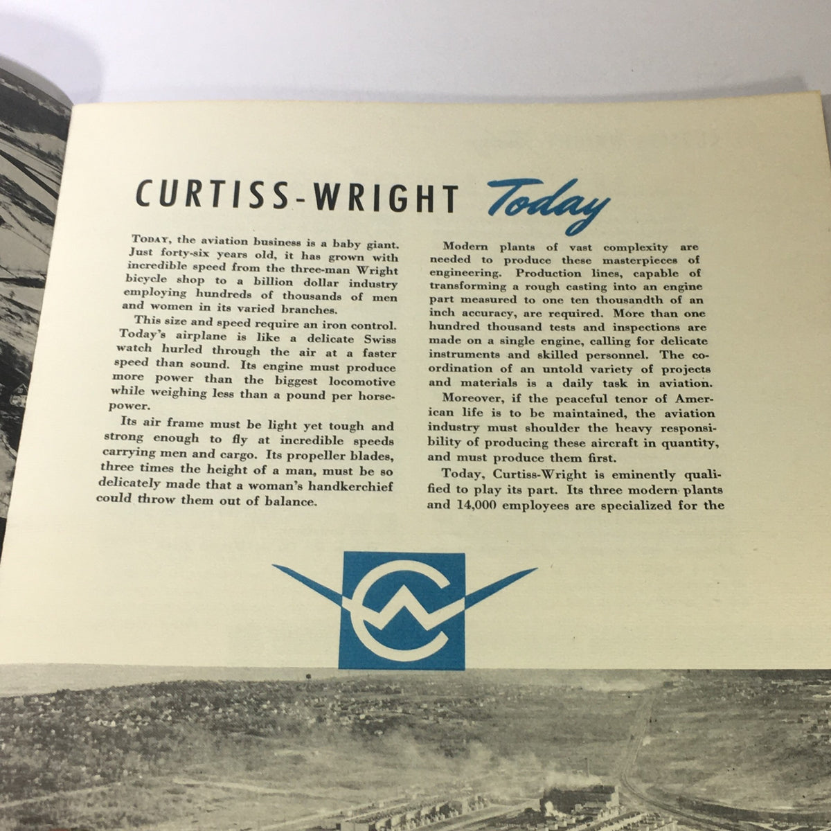 1943 Rare First in Flight Curtiss-Wright Today Tomorrow's Research and Design highlighting the evolution of aviation technology and the role of Curtiss-Wright in employing skilled workers in the industry.