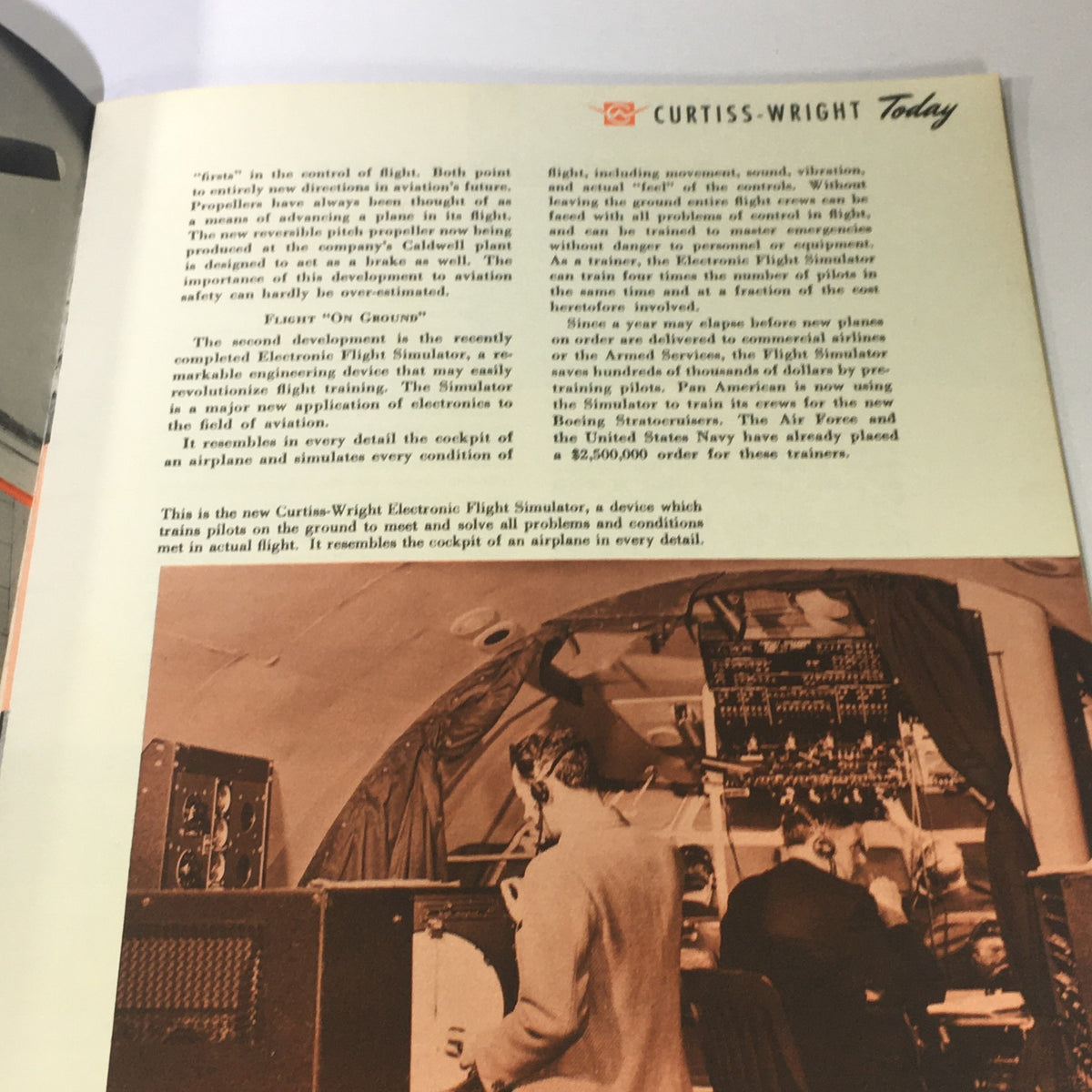 1943 Rare First in Flight Curtiss-Wright Today Tomorrow's Research and Design featuring the Curtiss-Wright Electronic Flight Simulator, illustrating its importance in pilot training and aviation safety.