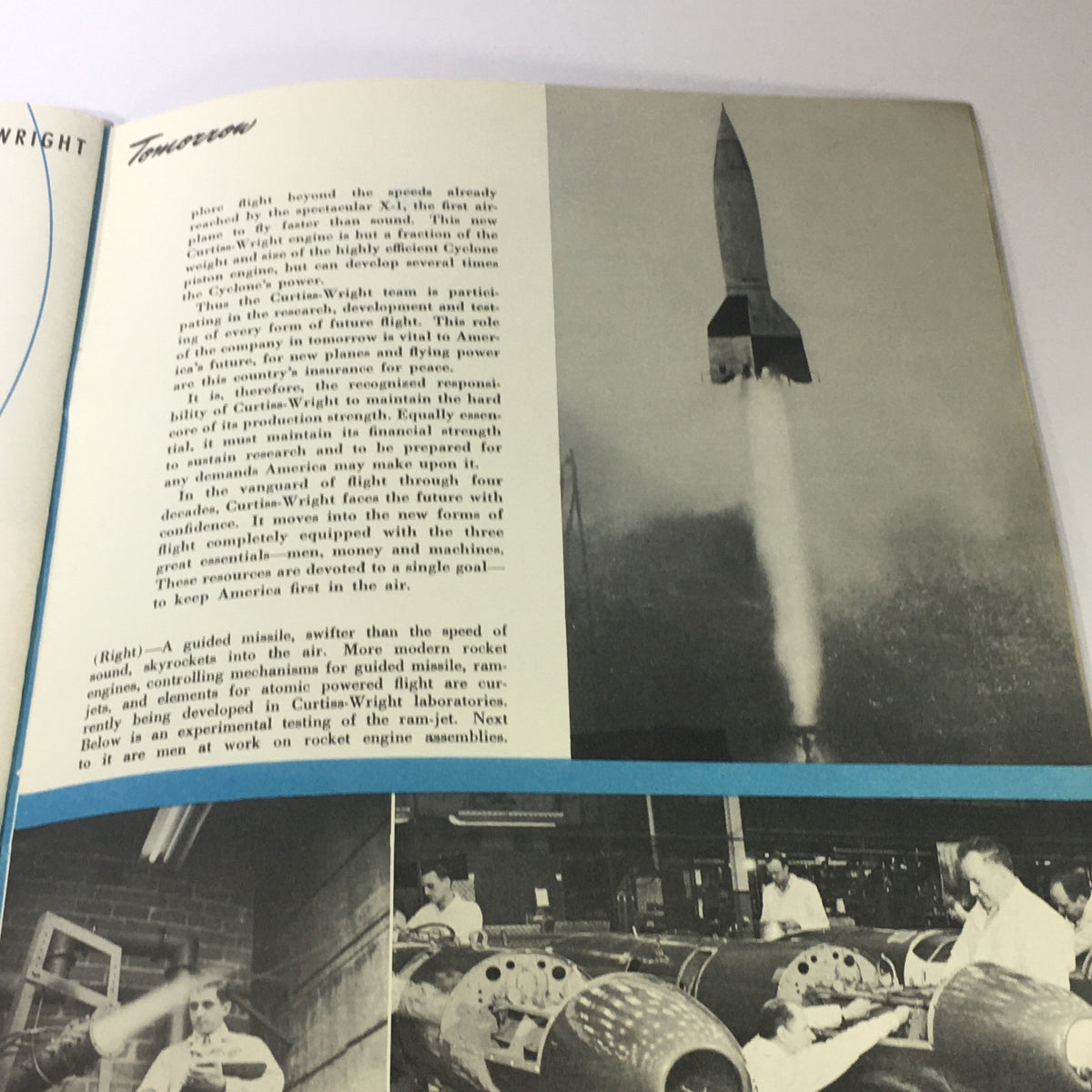 1943 Rare First in Flight Curtiss-Wright Today Tomorrow's Research and Design depicting advancements in rocket technology and the future of flight being developed by Curtiss-Wright.