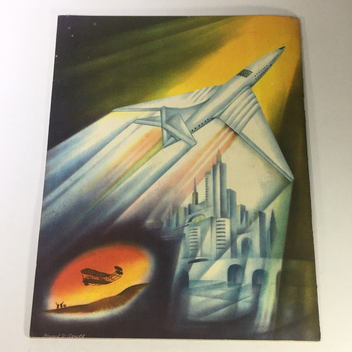 1943 Rare First in Flight Curtiss-Wright Today Tomorrow's Research and Design showing an artistic depiction of a futuristic aircraft soaring over modern cityscapes, representing the future of aviation.