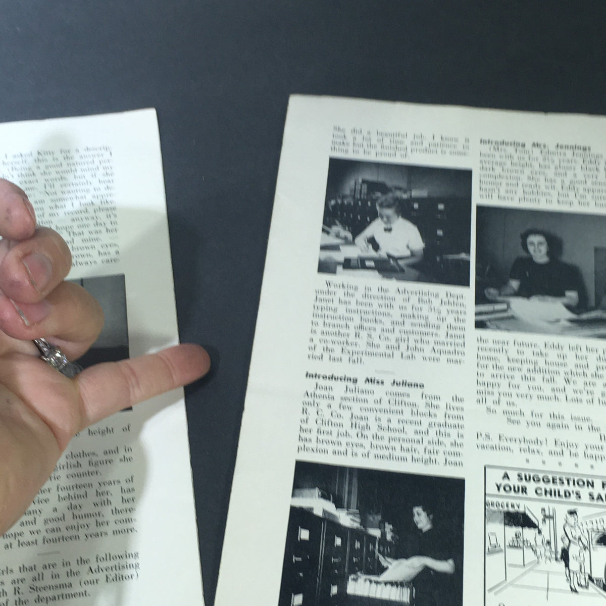 Interior image of VTG The Richardson Beam June 1955, featuring a hand holding pages that introduce staff members, reflecting the historical context of the publication.