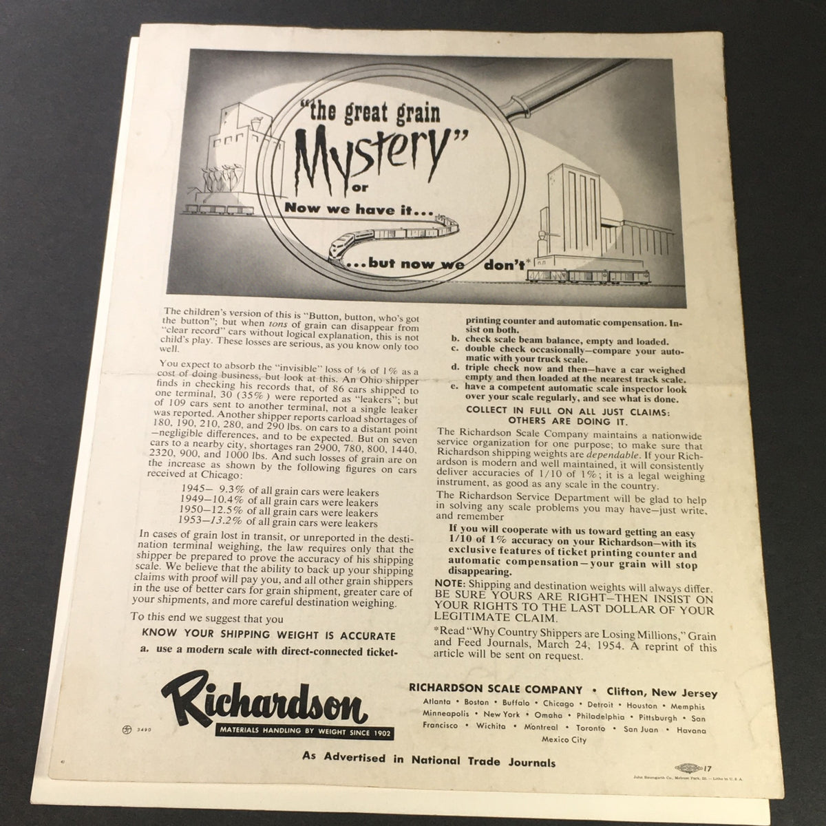 Interior page of VTG The Richardson Beam June 1955, showcasing the advertisement titled 'the great grain Mystery' highlighting shipping weights and accuracy in grain handling.