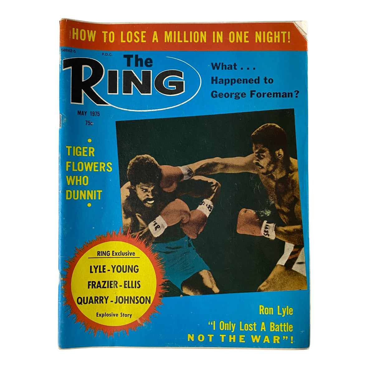 The Ring Magazine May 1975 featuring a vibrant cover with George Foreman, showcasing boxing imagery and headlines about heavyweight boxing, including 'How to Lose a Million in One Night' and notable fighters.
