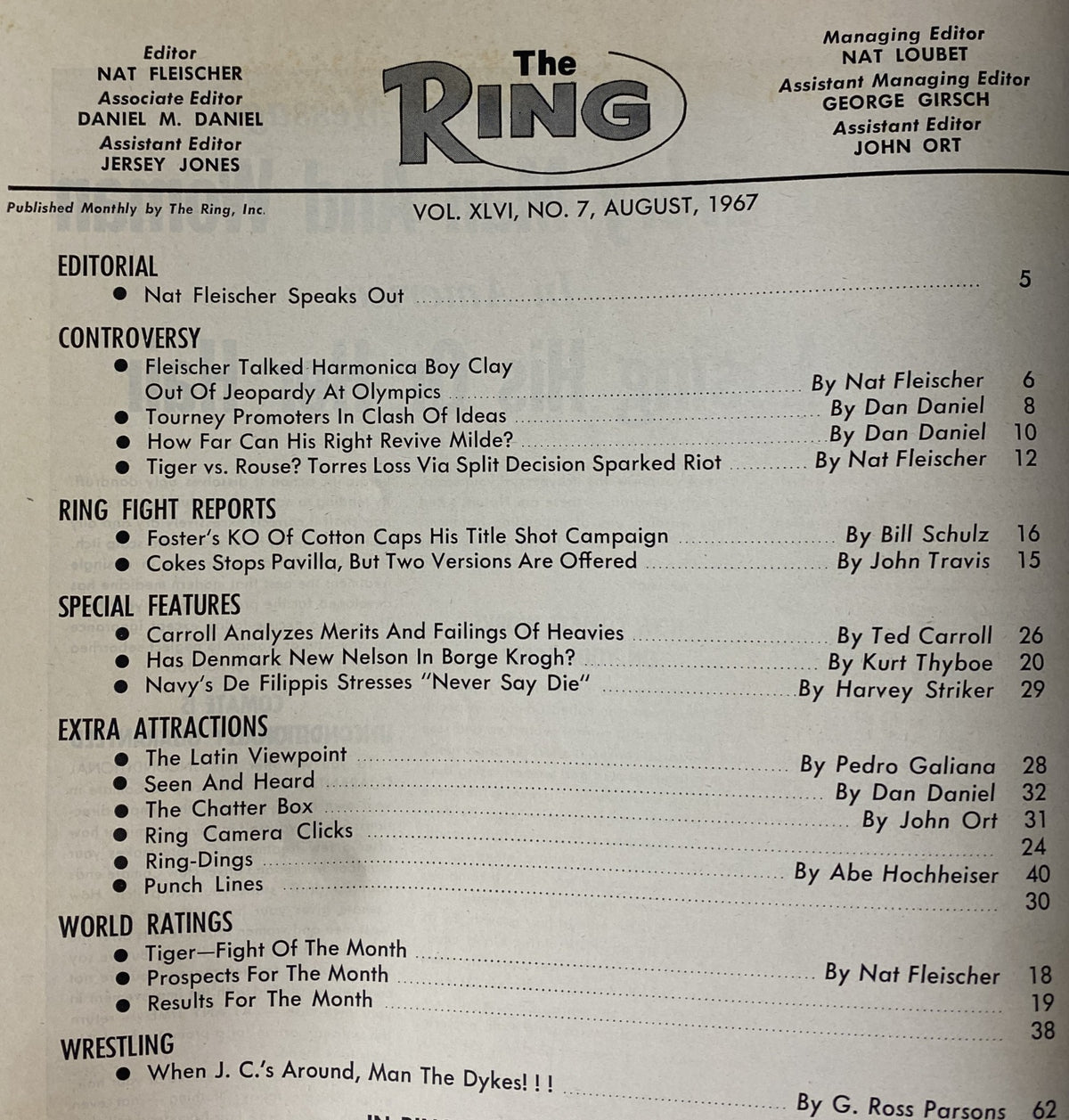 The Ring Magazine August 1967 editorial page featuring the contents and highlights including commentary from Nat Fleischer and articles on boxing controversies and fight reports.