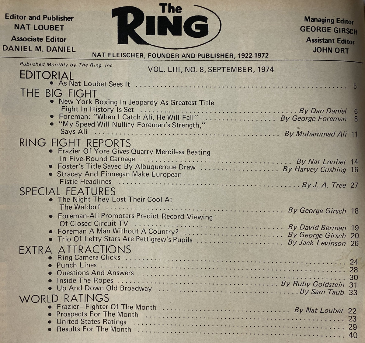 The contents page of The Ring Magazine September 1974, featuring editorial highlights including commentary by Nat Loubet and coverage of the George Foreman vs Muhammad Ali fight, significant boxing news, and world ratings.