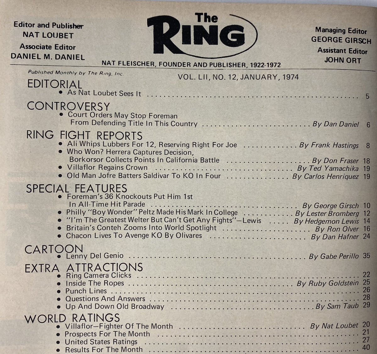 Editorial page from The Ring Magazine January 1974, listing articles and features including commentary on George Foreman and various boxing reports.