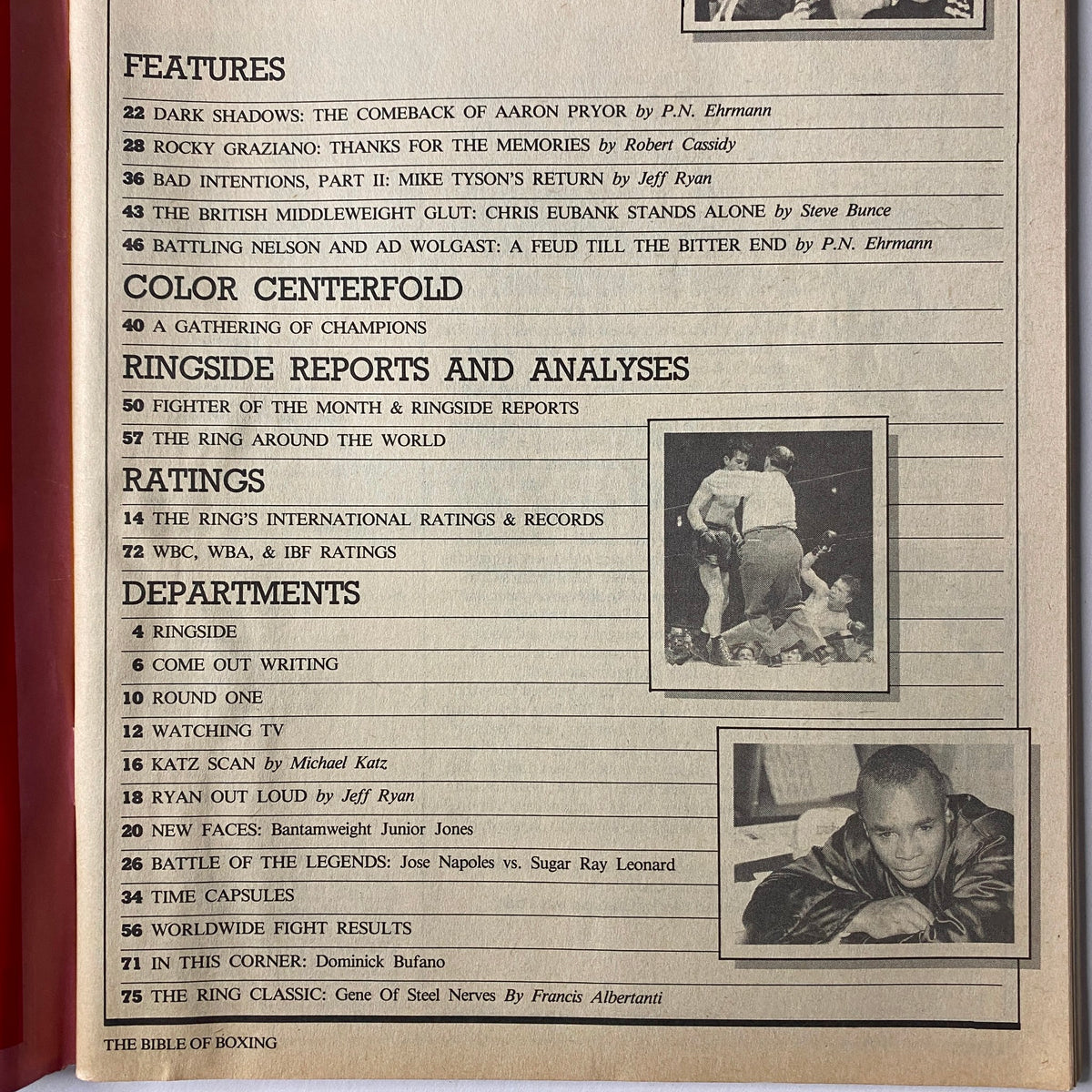 Contents page of The Ring Magazine October 1990, highlighting features like 'Dark Shadows: The Comeback of Aaron Pryor' and 'Thanks for the Memories' on Rocky Graziano.