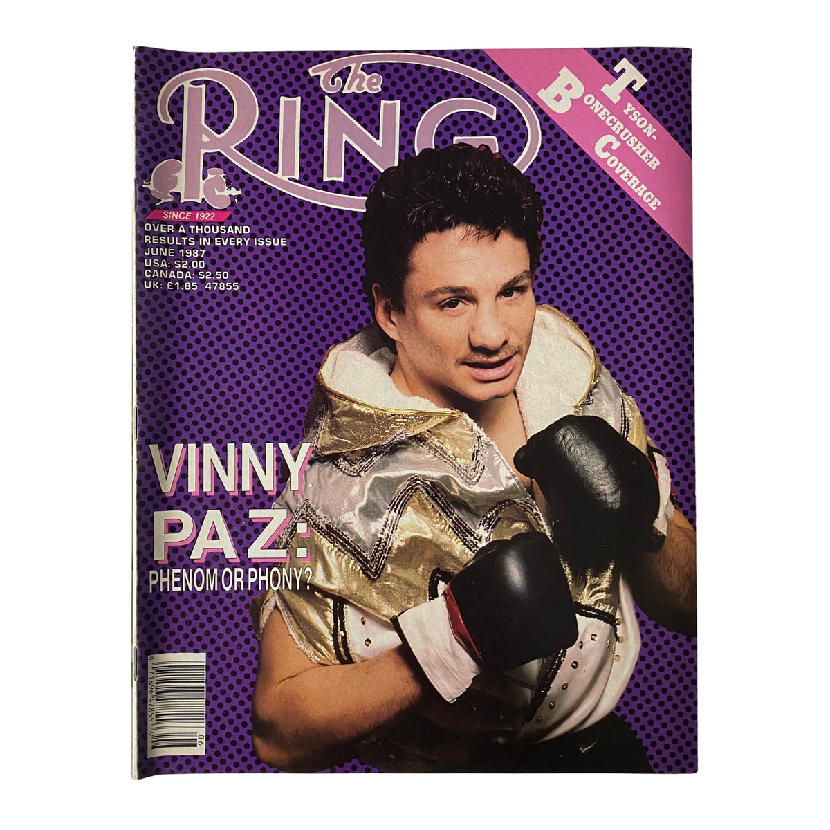 The Ring Magazine June 1987 featuring Vinny Paz on the cover with the headline 'Phenom or Phony?', showcasing the boxing scene of the 1980s.