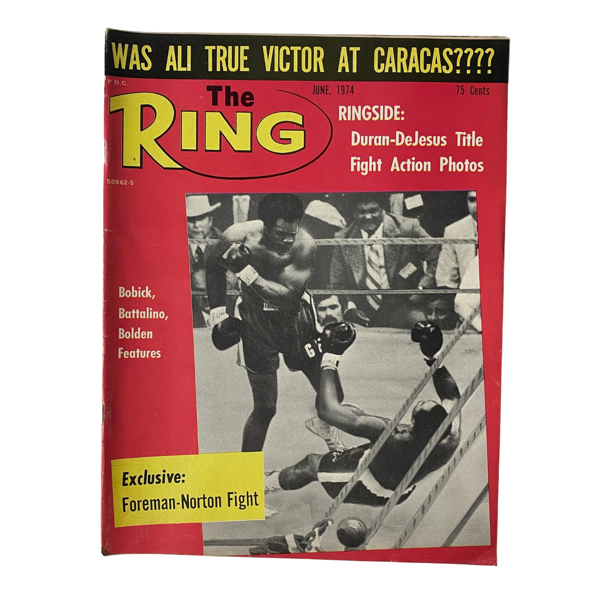 The Ring Magazine June 1974 issue featuring George Foreman vs. Ken Norton on the cover, showcasing fight action photos and additional editorial content.