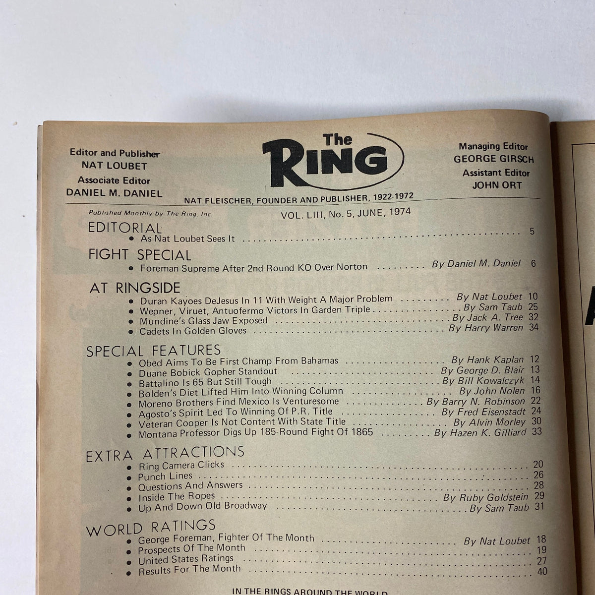 Interior page of The Ring Magazine June 1974 highlighting editorial sections, fight special focus on Foreman vs. Norton, and special features including Duran-DeJesus.