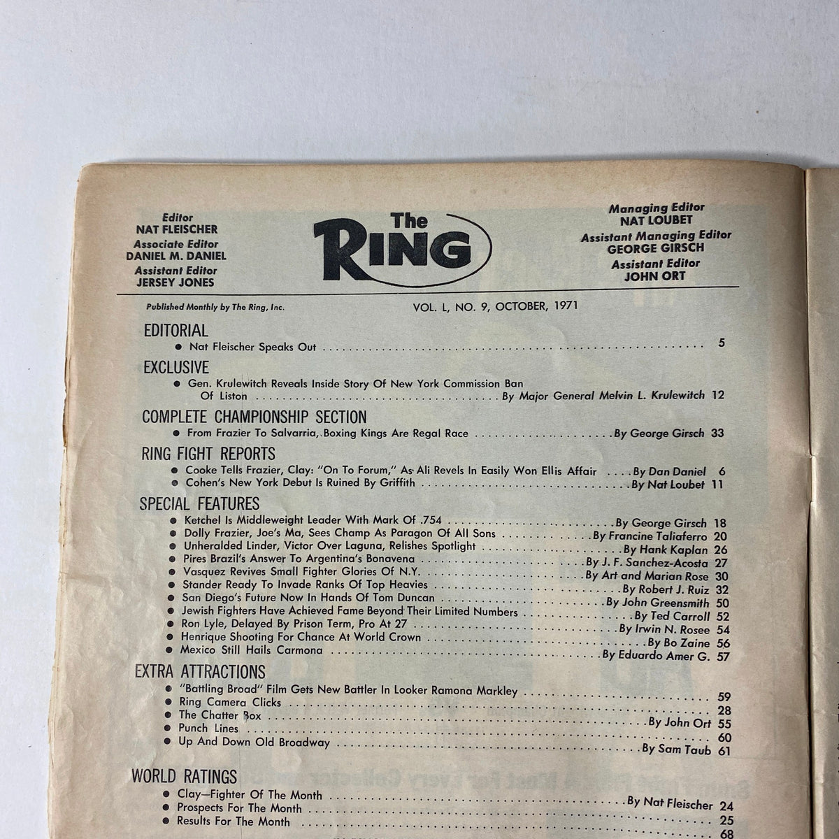 Table of contents from The Ring Magazine October 1971 featuring editorial and exclusive articles about boxing, spotlighting key reports and championship sections.