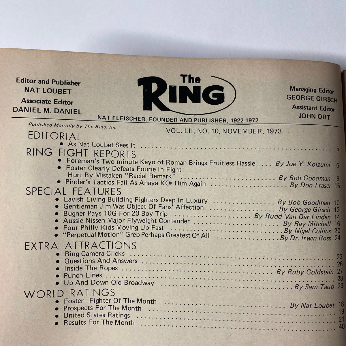 Interior of The Ring Magazine November 1973 with editorial details and fight reports, including summaries by prominent boxing writers.