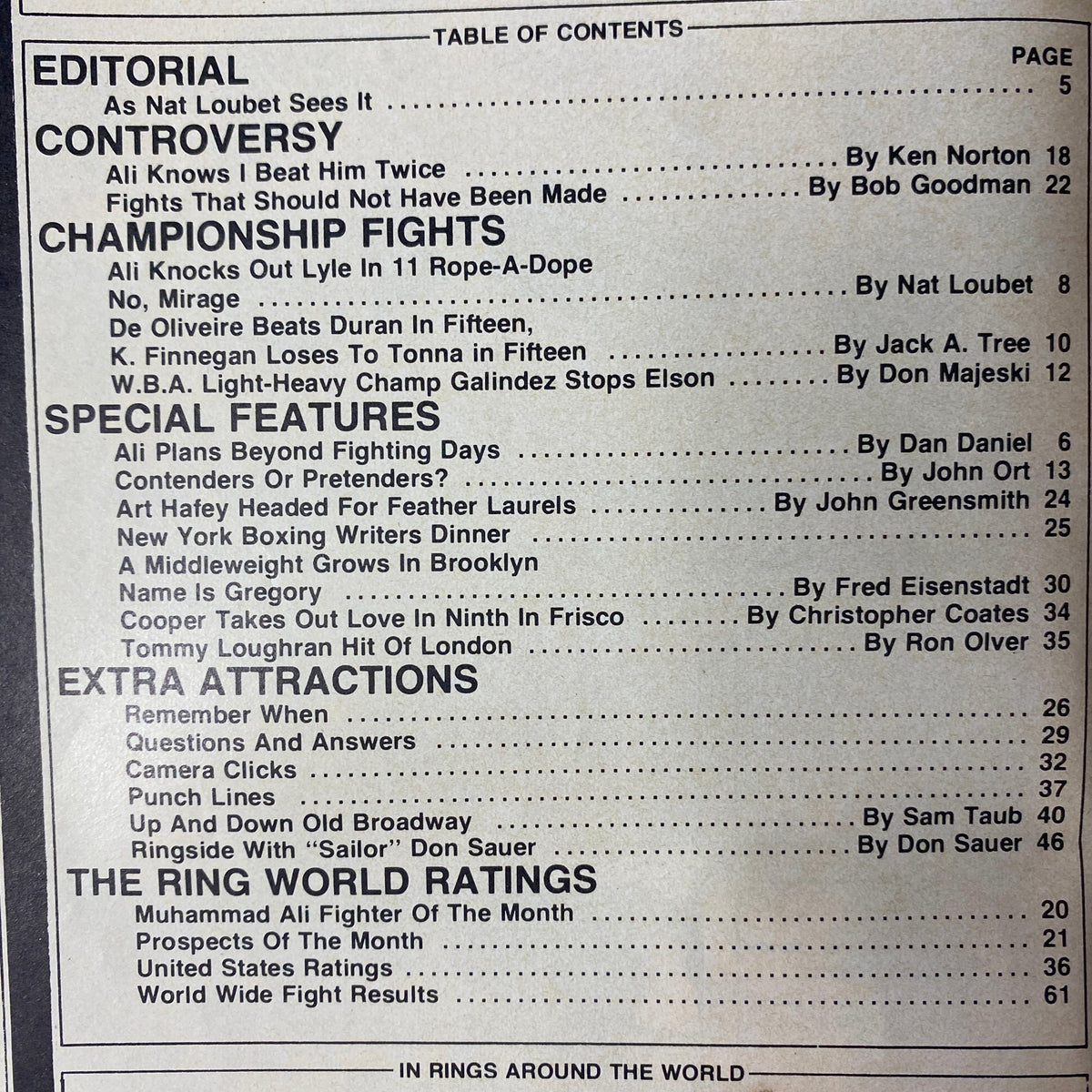 Table of contents from The Ring Magazine August 1975, detailing articles and features, including commentary on Ali and Frazier.