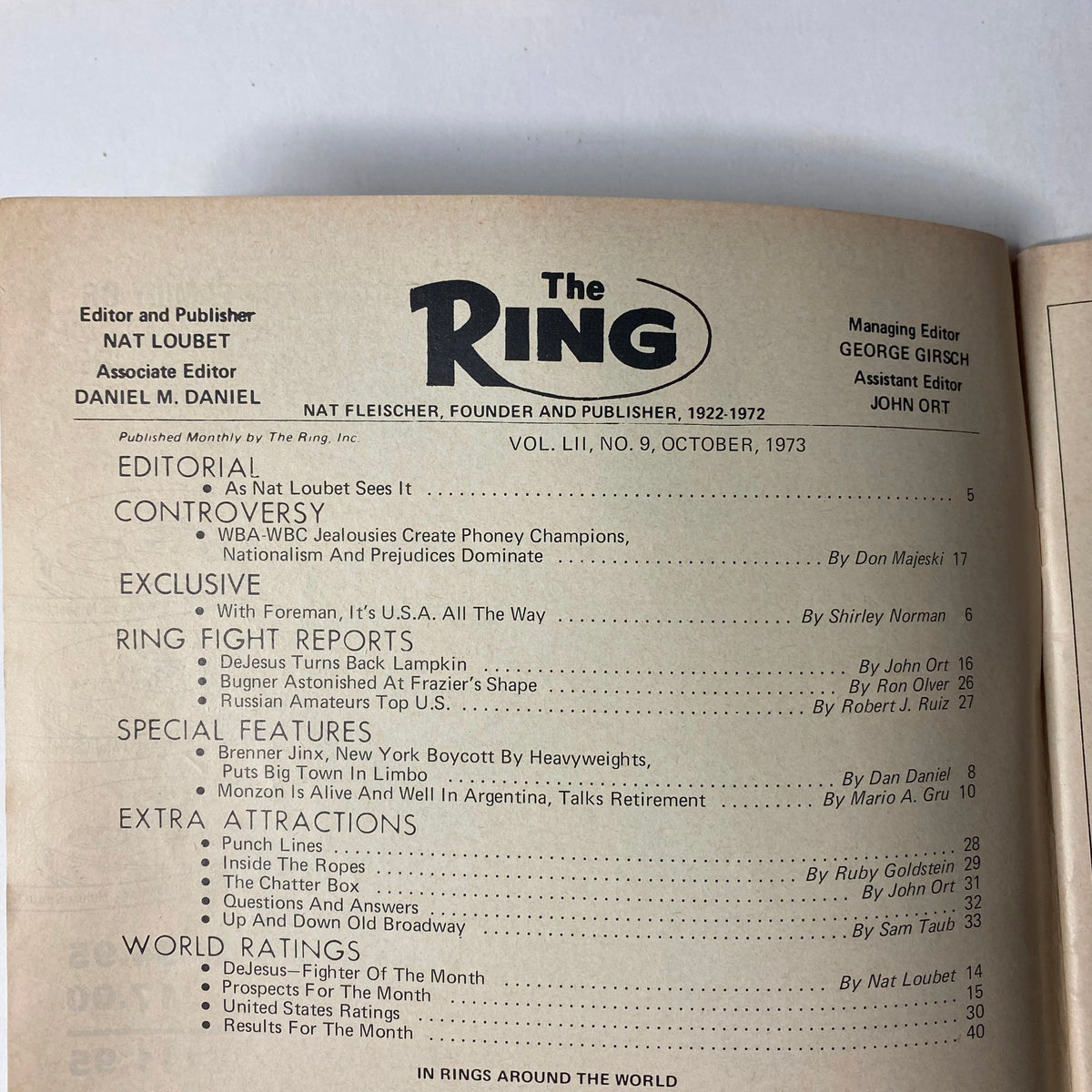 Inside page of The Ring Magazine October 1973 showcasing the editorial section. It features discussions on WBA-WBC tensions and exclusive insights into heavyweight boxing.
