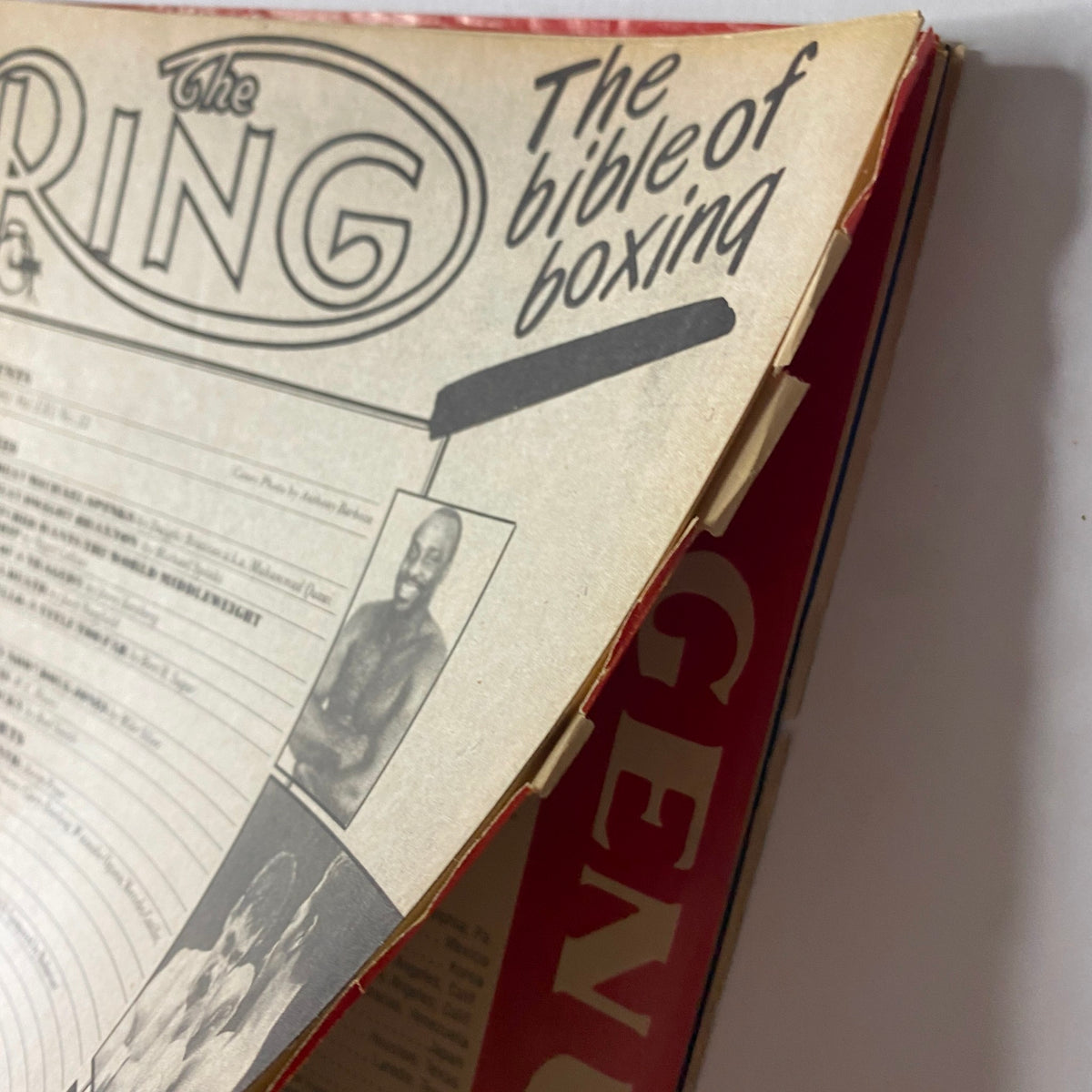The Ring Magazine January 1983 with a close-up view of its cover page and the phrase 'The Bible of Boxing'. Ideal for collectors and boxing history fans.